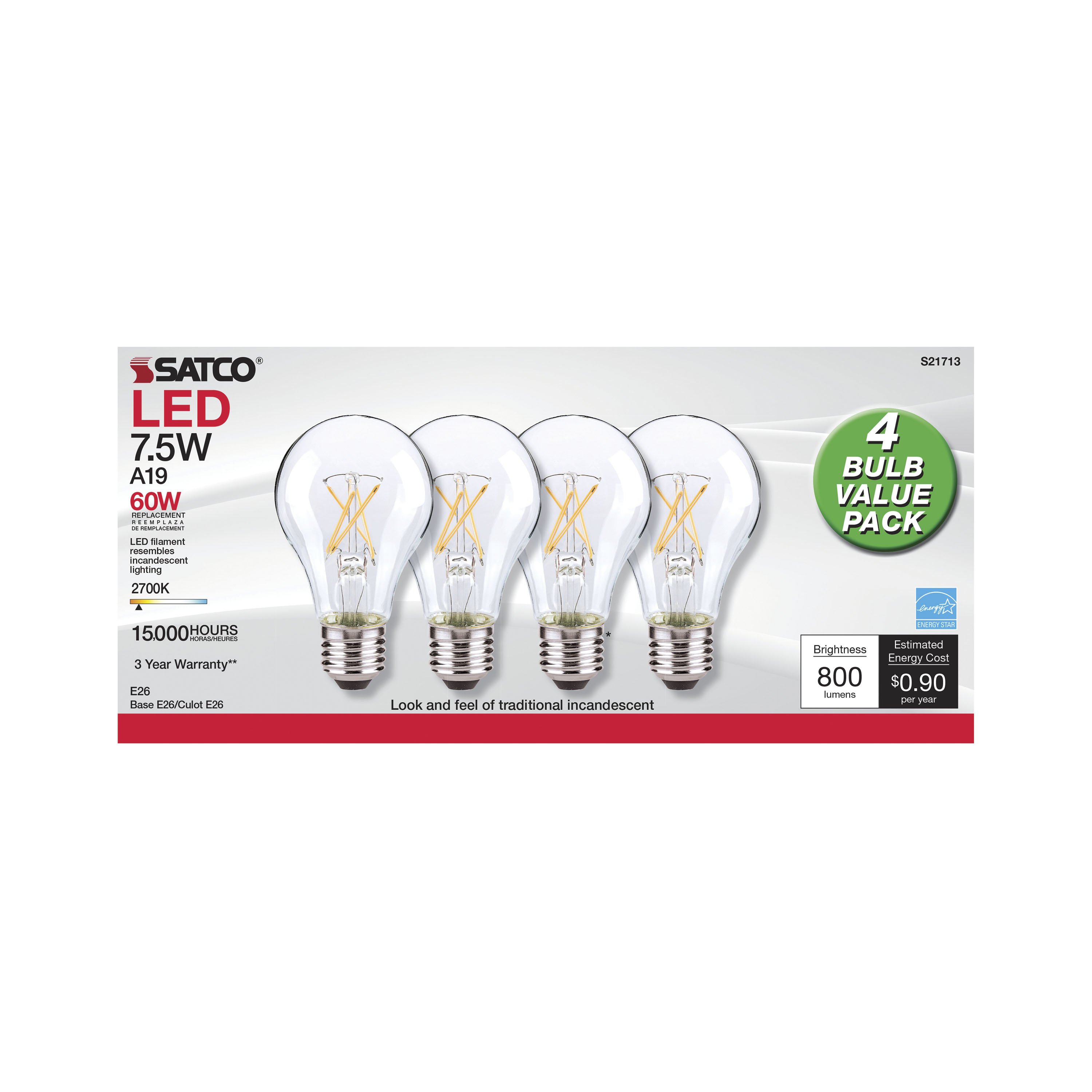 7.5A19/CL/LED/E26/27K/120V/4PK - S21713