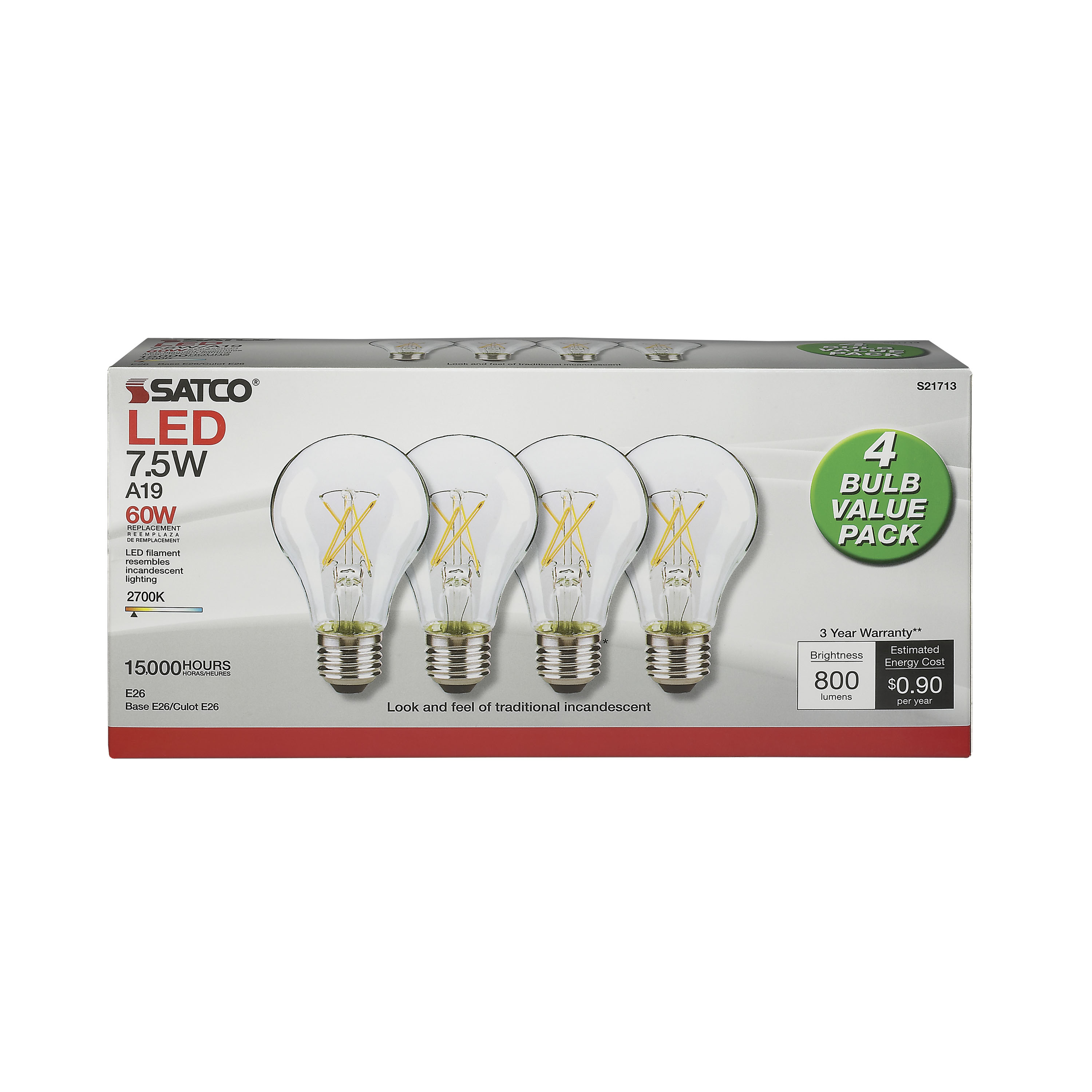 S21713 7.5A19/CL/LED/E26/27K/120V/4PK