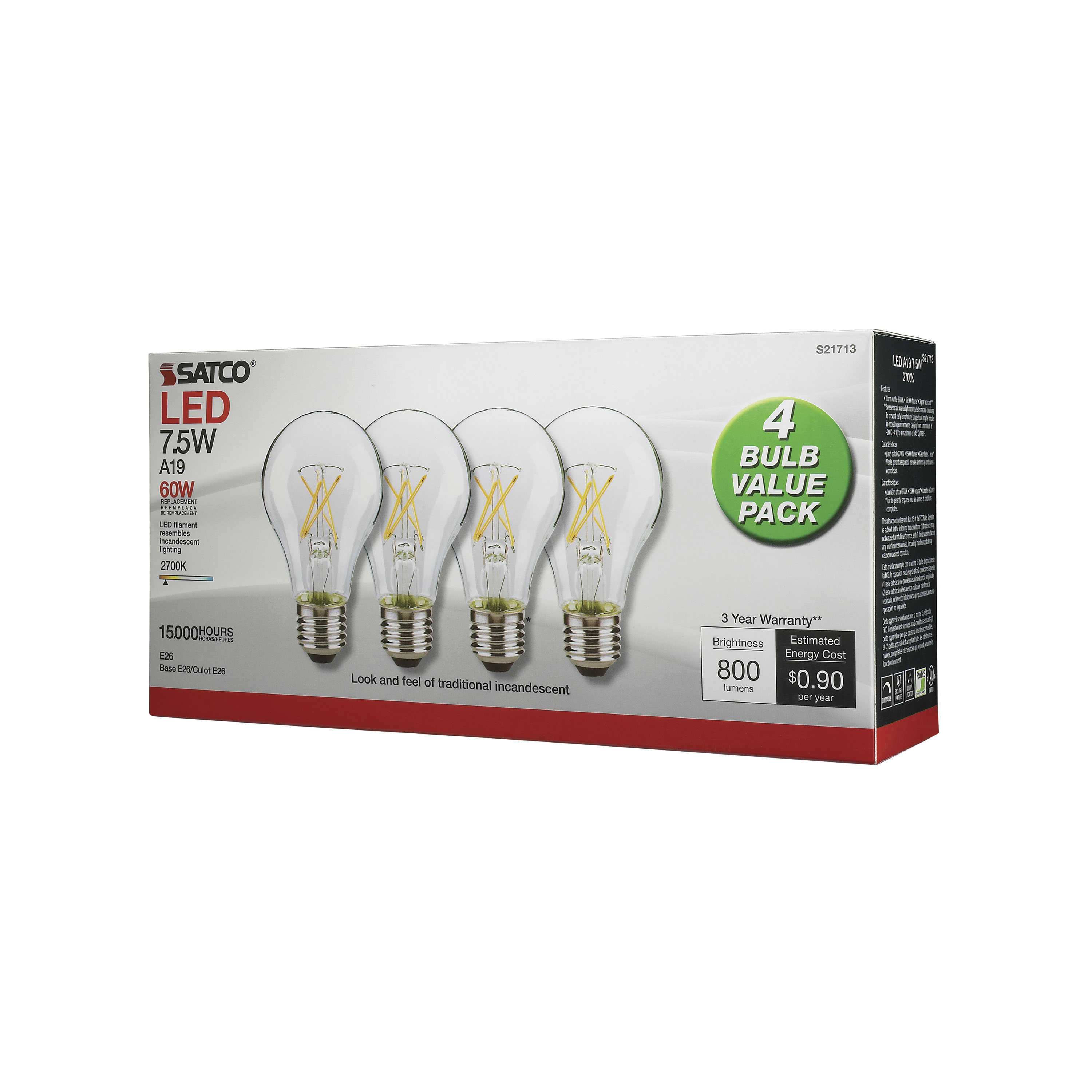 7.5A19/CL/LED/E26/27K/120V/4PK - S21713