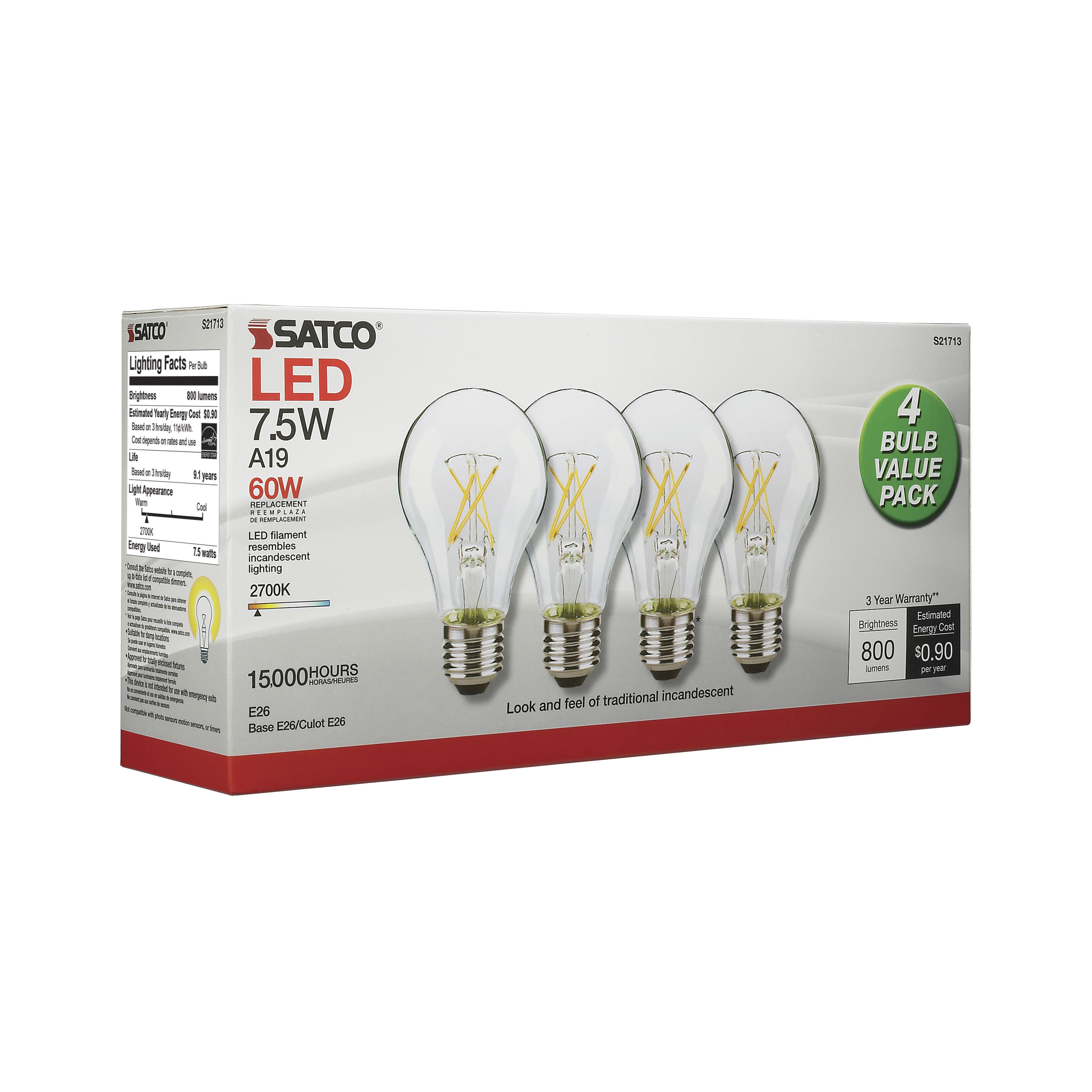 7.5A19/CL/LED/E26/27K/120V/4PK - S21713