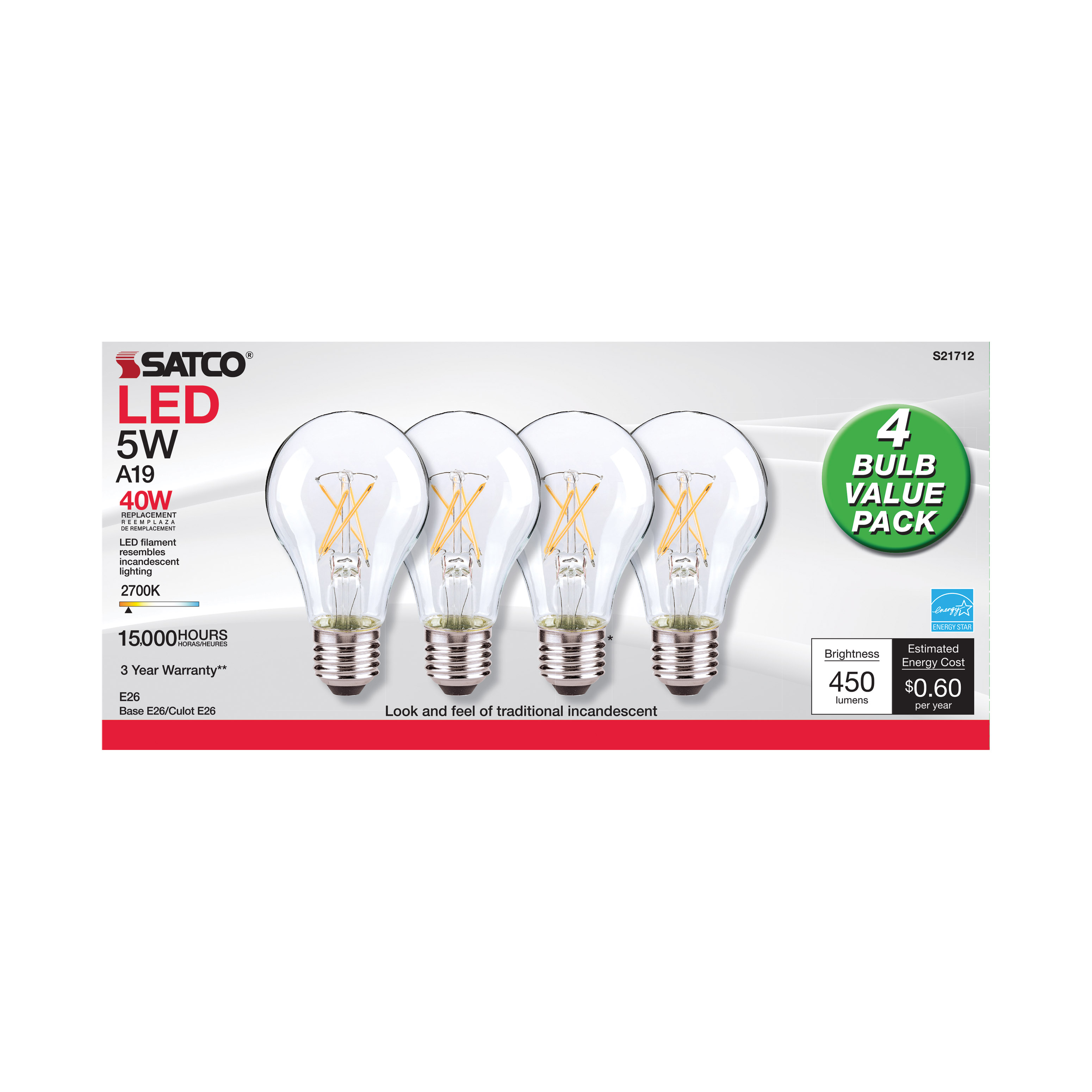 7.5A19/SW/LED/E26/27K/120V/4PK - S21714