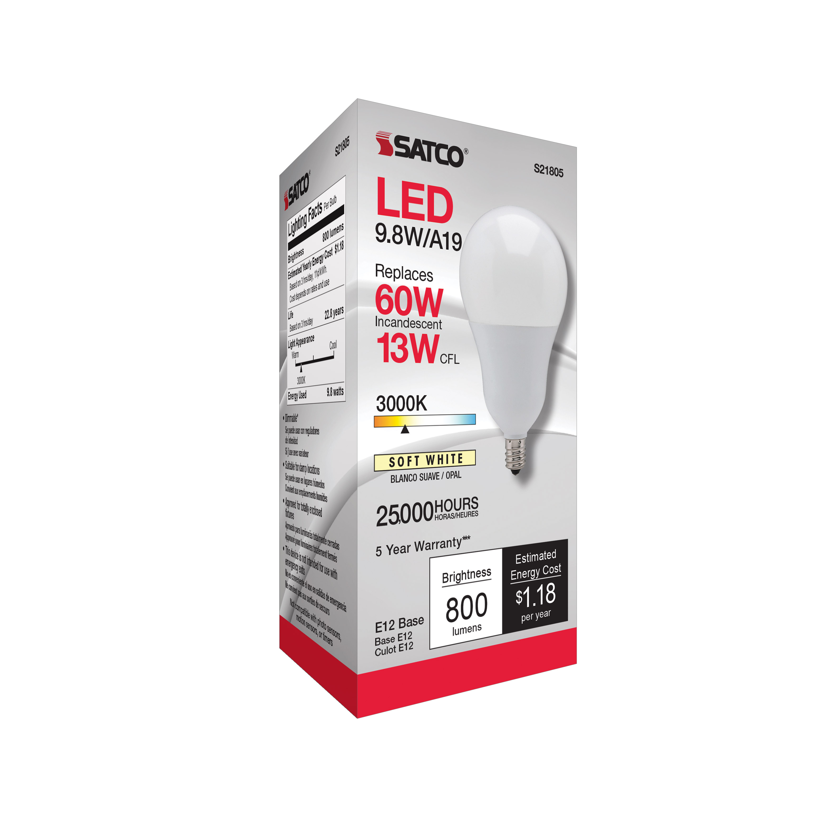9.8A19/OMNI/220/LED/E12/30K - S21805