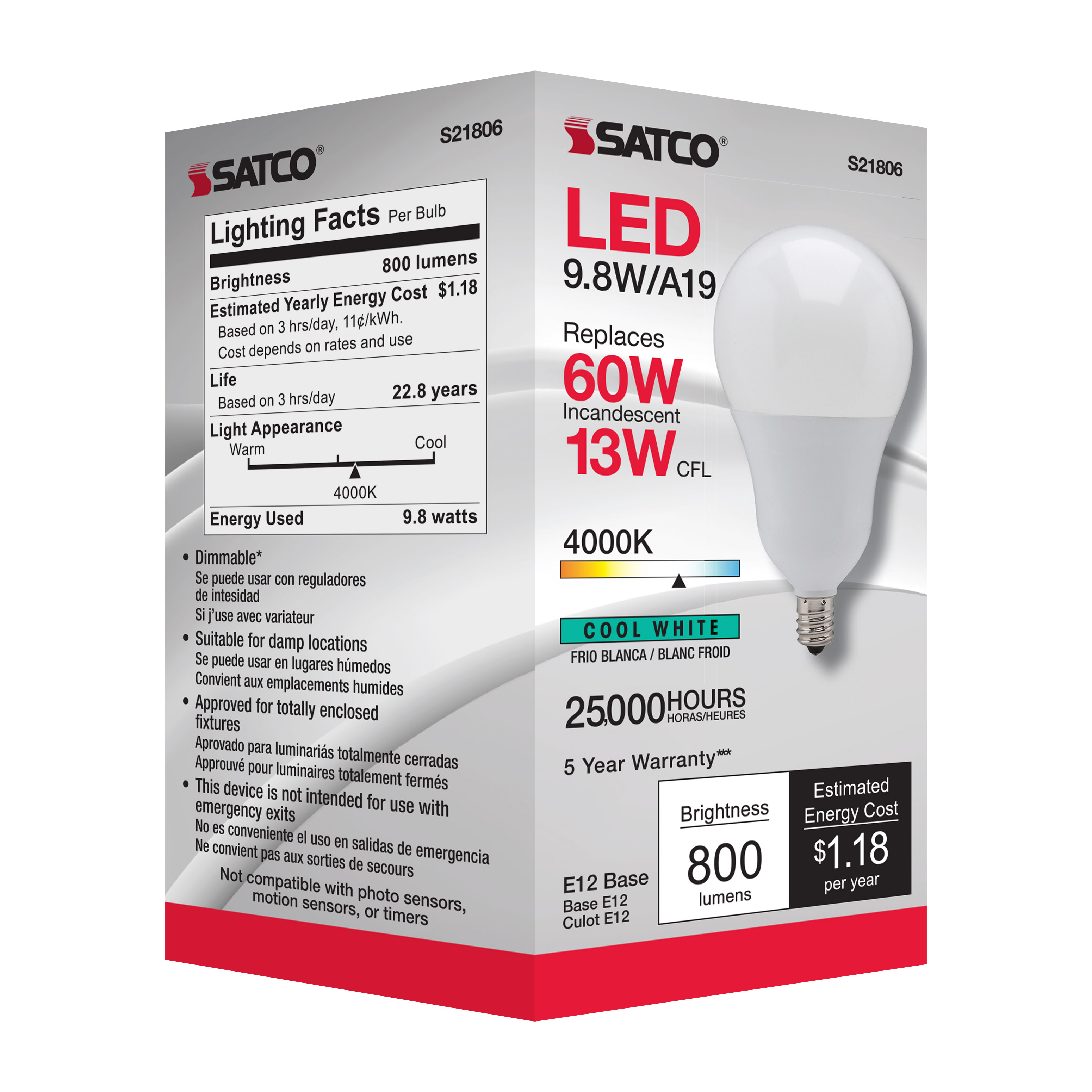 9.8A19/OMNI/220/LED/E12/40K - S21806