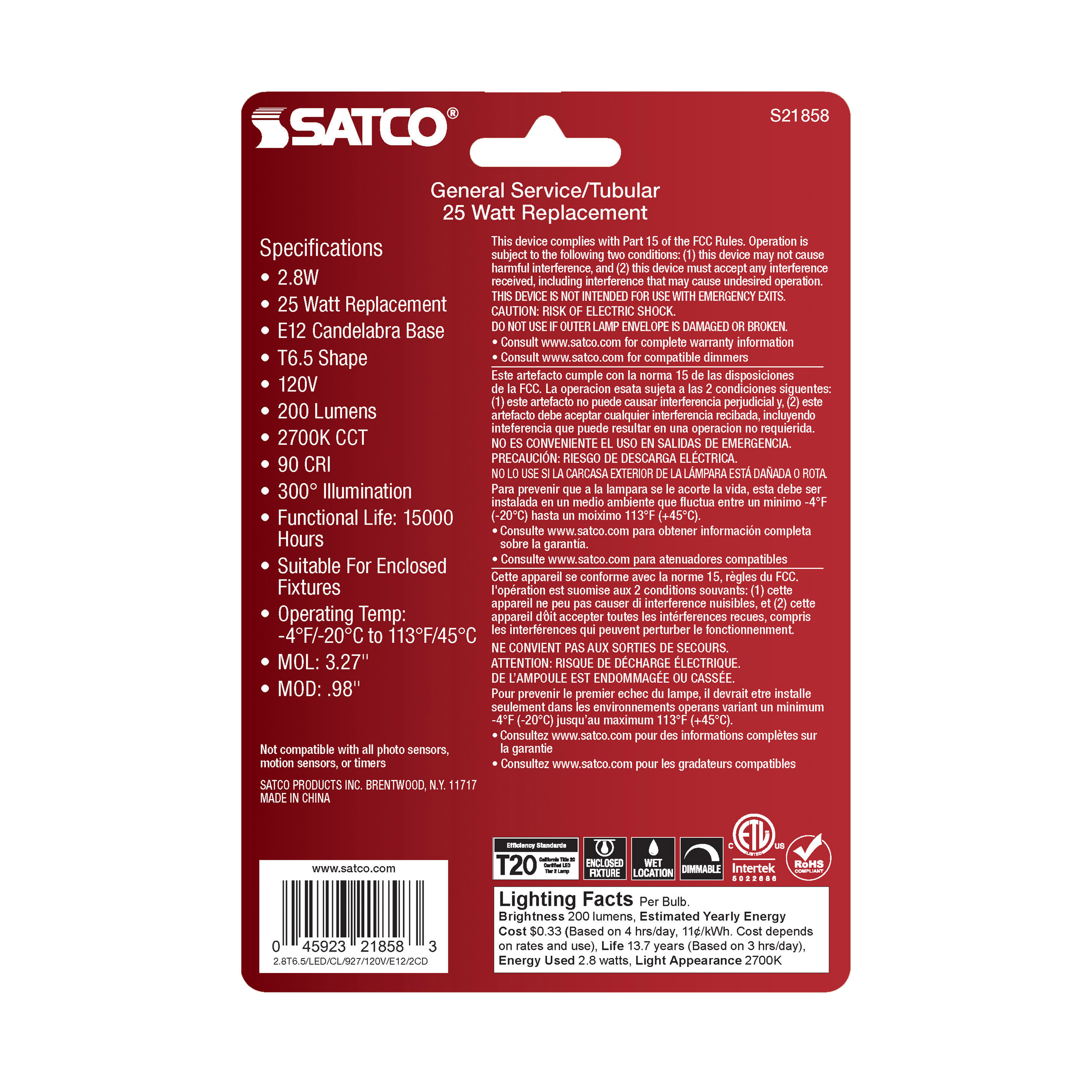 2.8T6/LED/CL/927/120V/E12/2CD - S21858