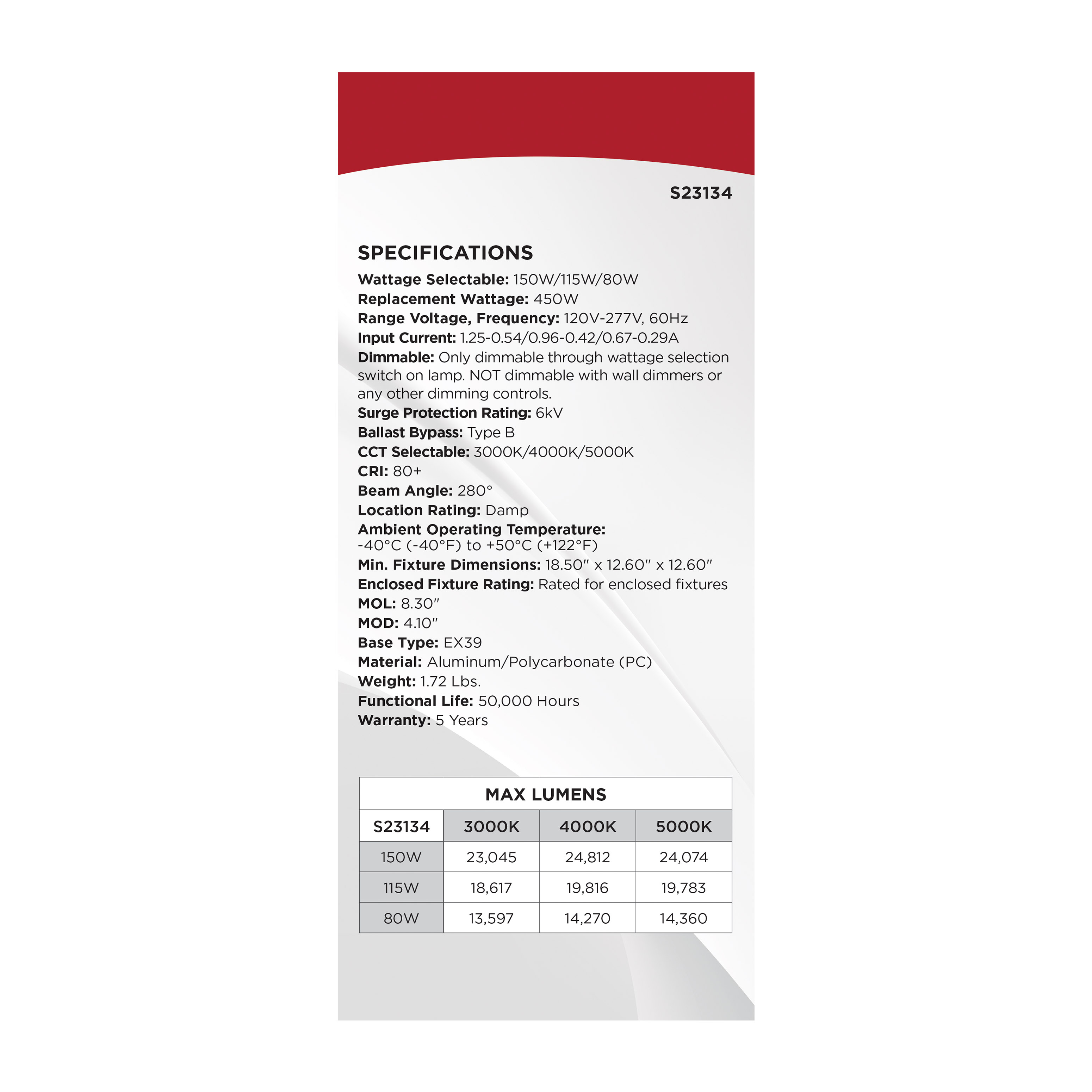 150W/LED/CCT/100-277V/EX39 - S23134