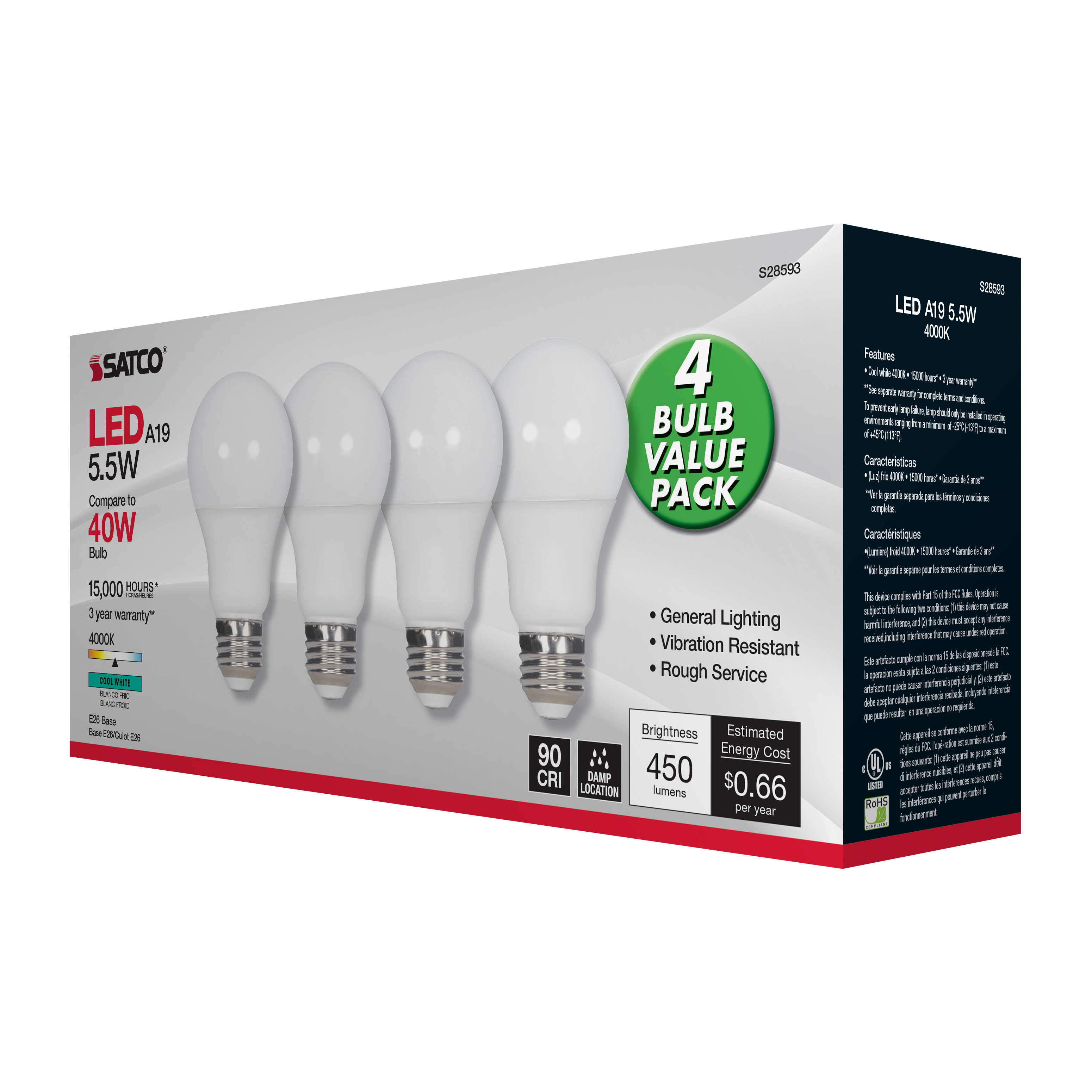 5.5A19/LED/940/120V/ND/4PK - S28593