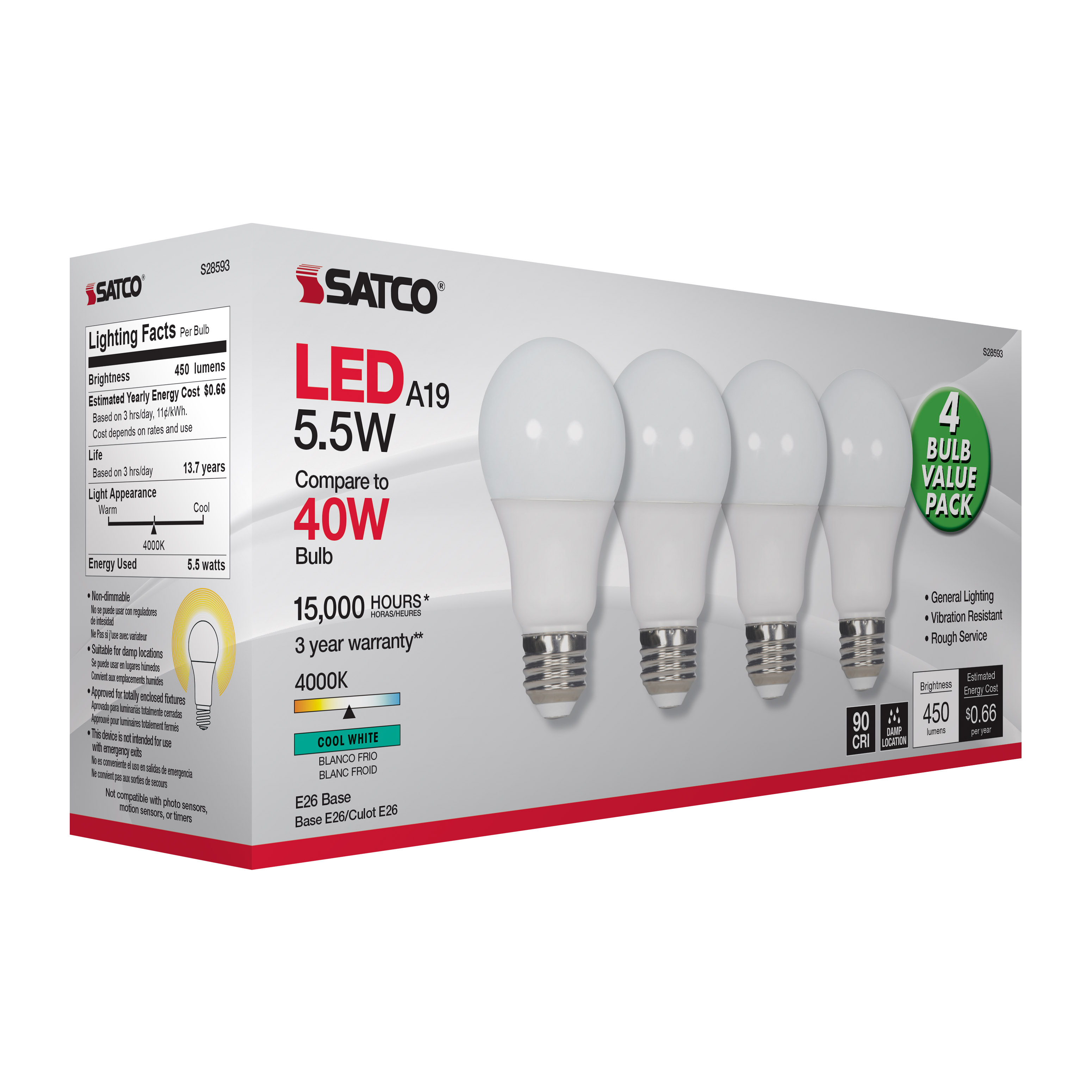 5.5A19/LED/940/120V/ND/4PK - S28593