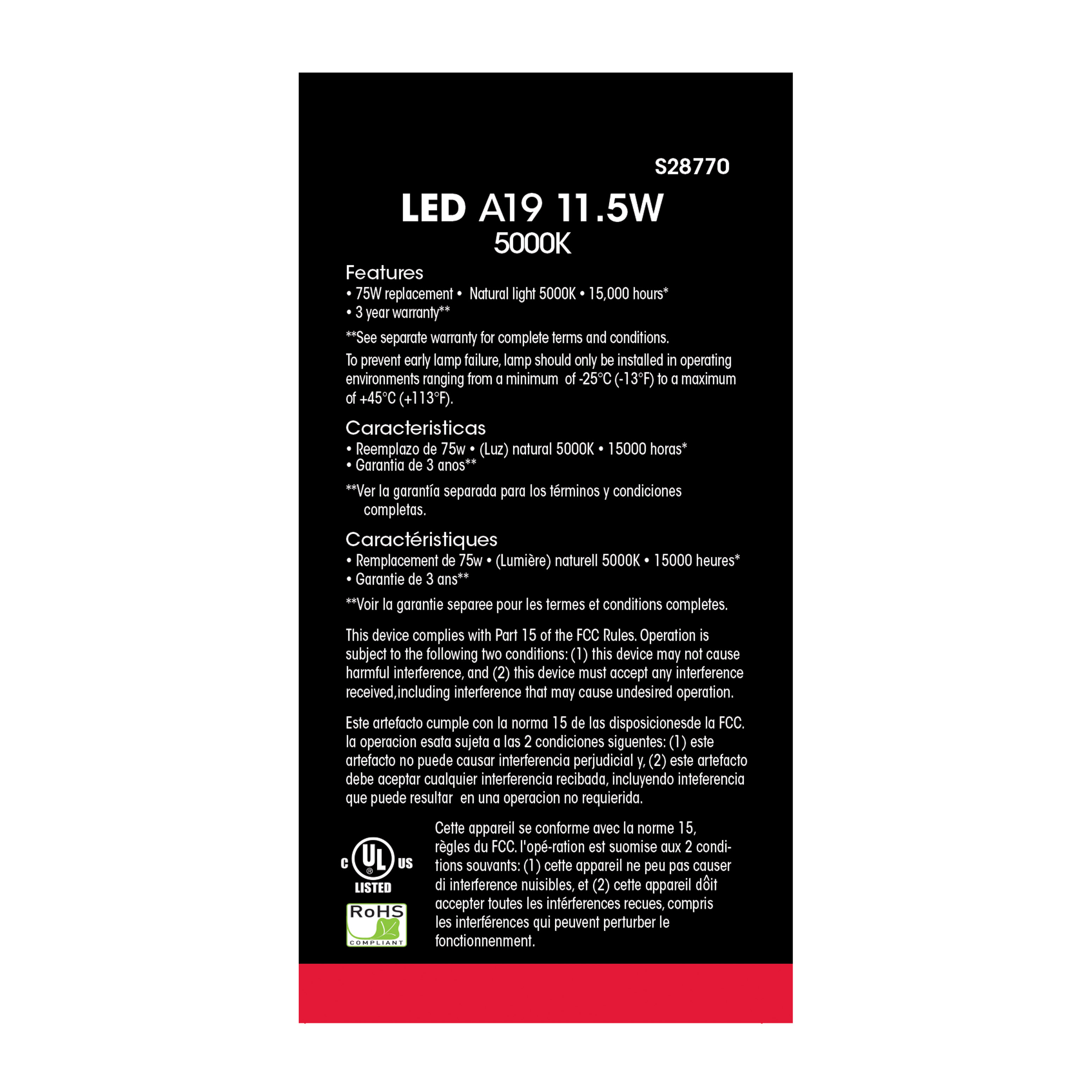 11.5A19/LED/50K/ND/120V/4PK - S28770