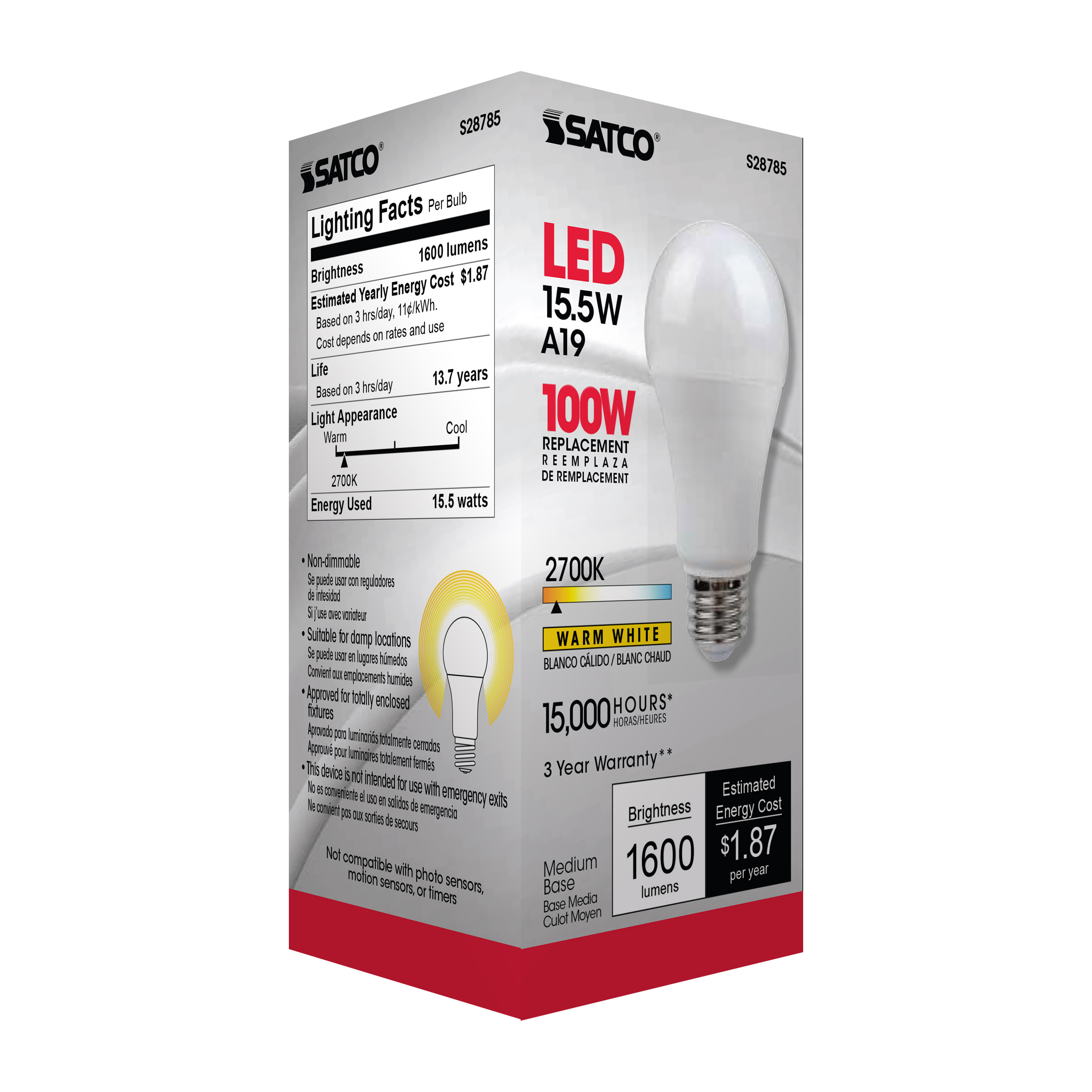 15.5A19/LED/27K/ND/120V - S28785