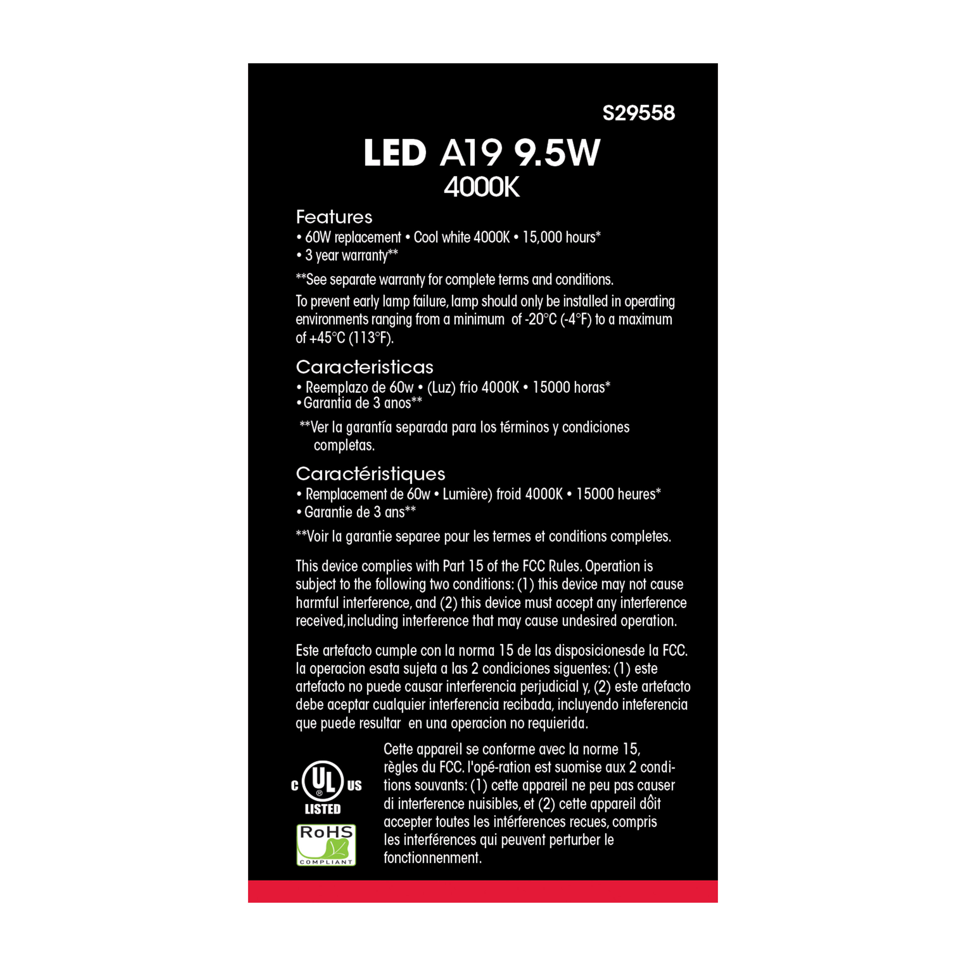 9.5A19/LED/40K/ND/120V/4PK - S29558