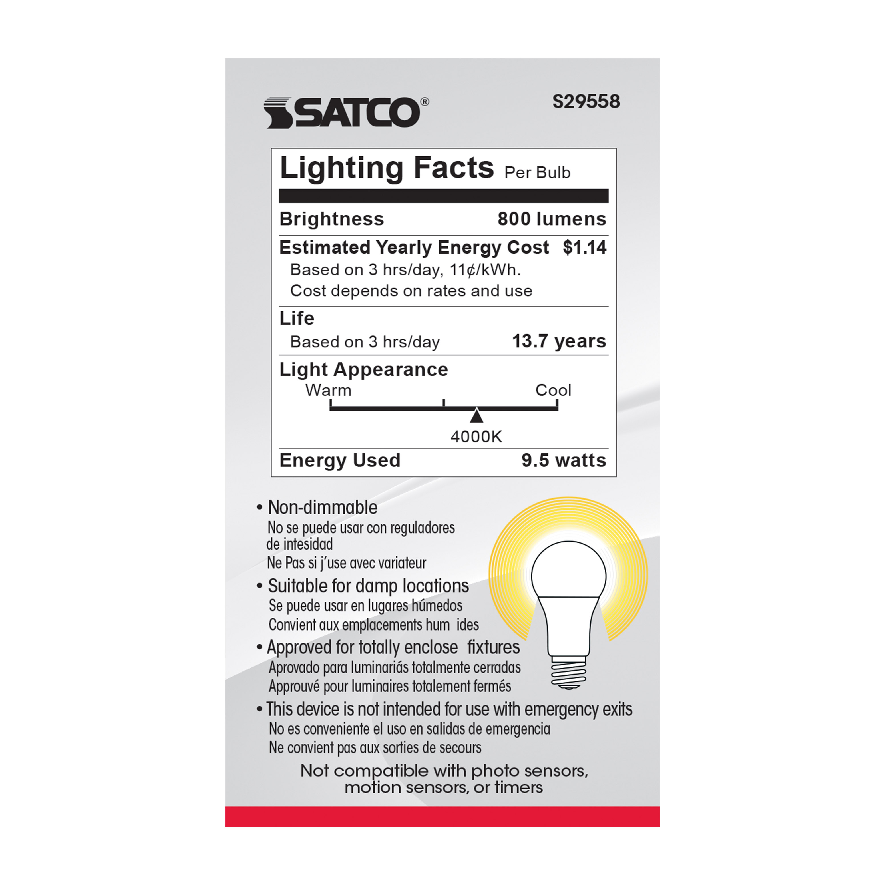 9.5A19/LED/40K/ND/120V/4PK - S29558