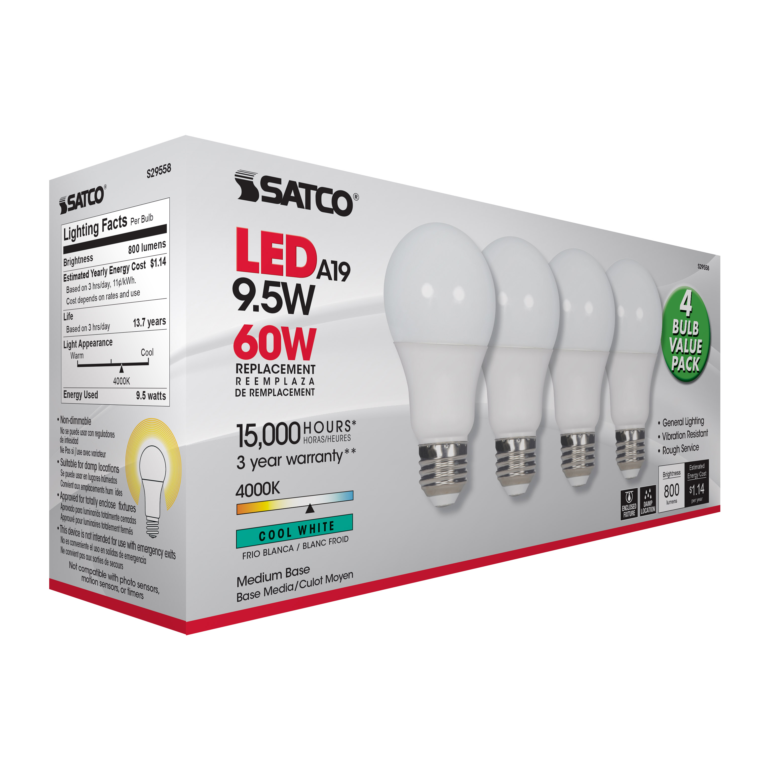 9.5A19/LED/40K/ND/120V/4PK - S29558