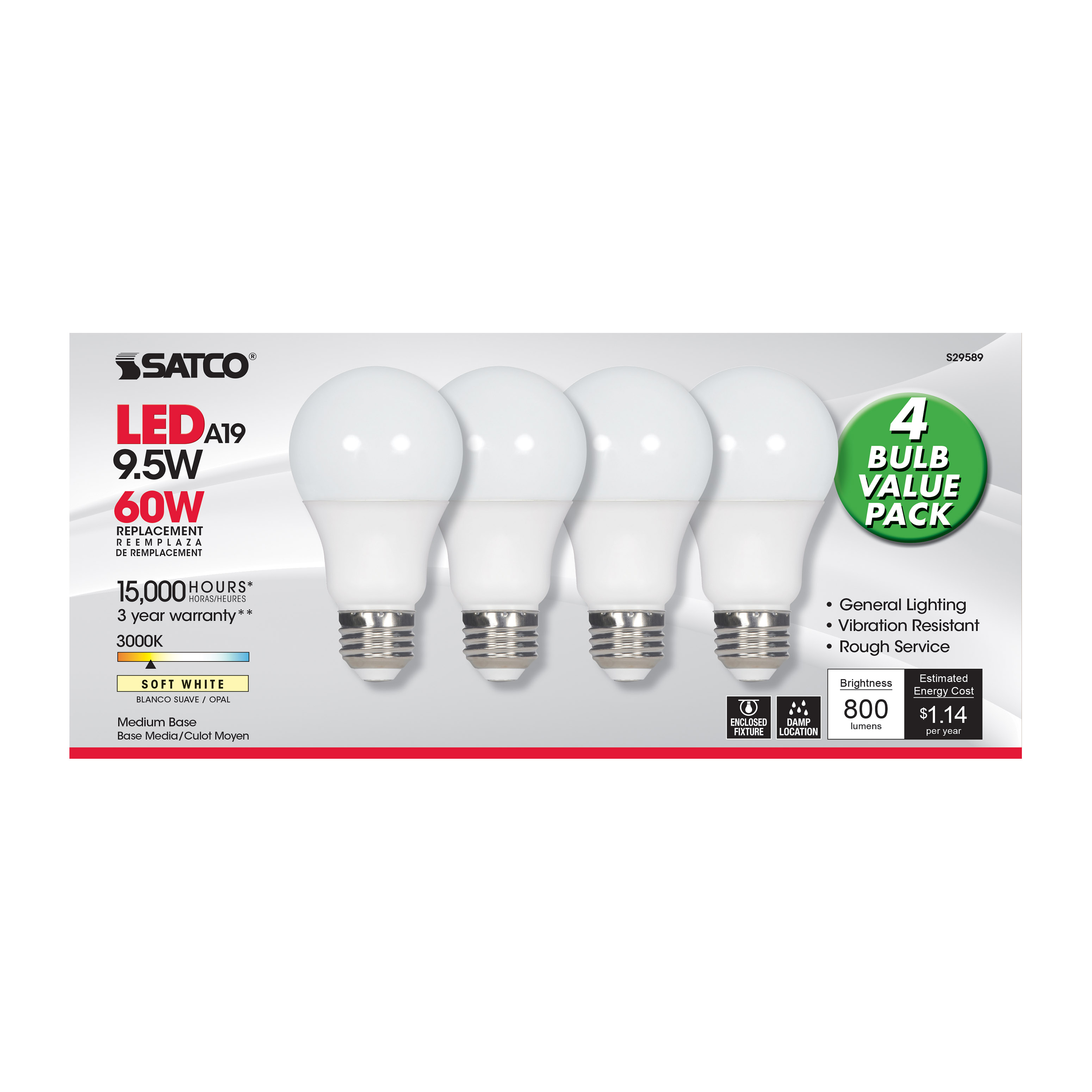 9.5A19/LED/30K/ND/120V/4PK - S29589