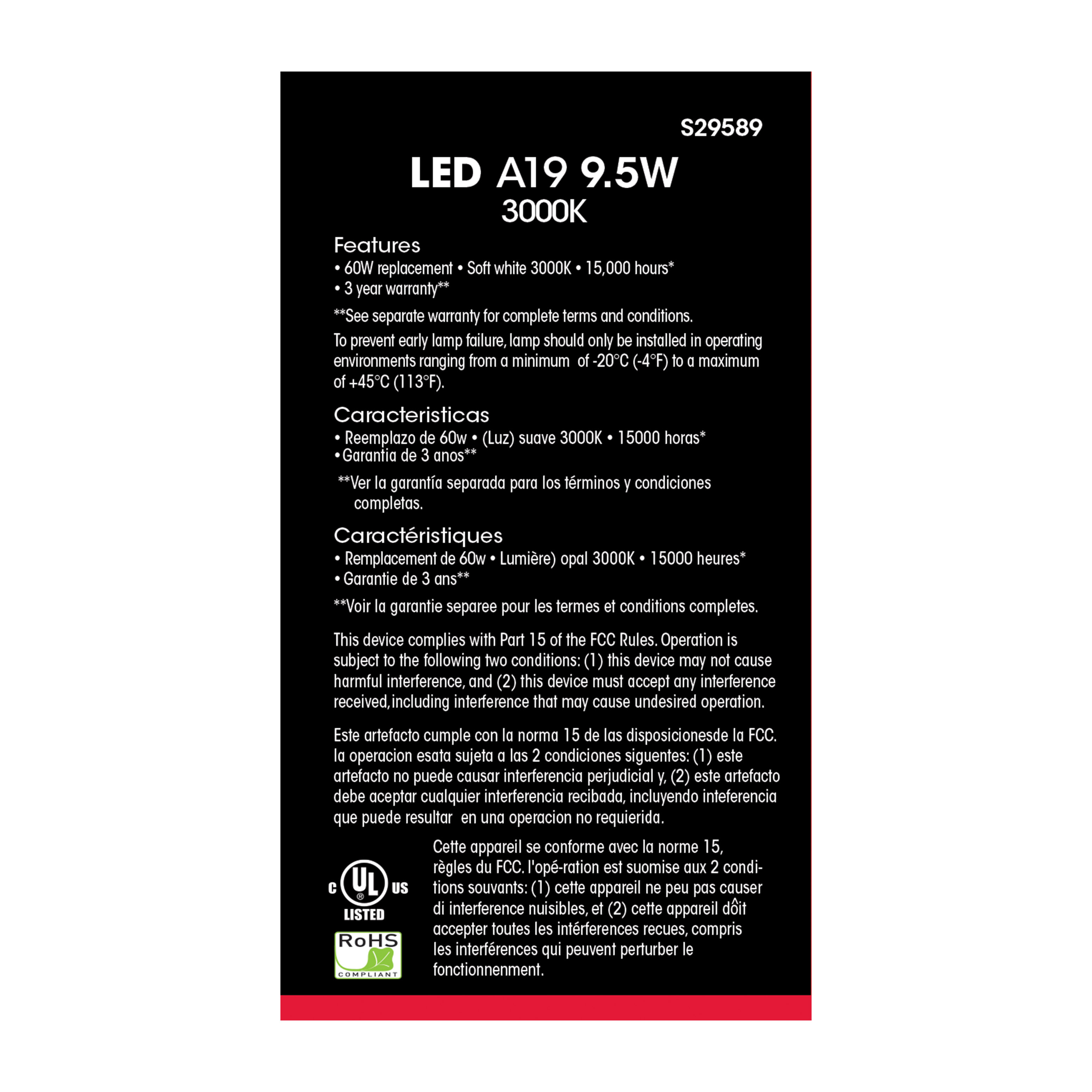 9.5A19/LED/30K/ND/120V/4PK - S29589