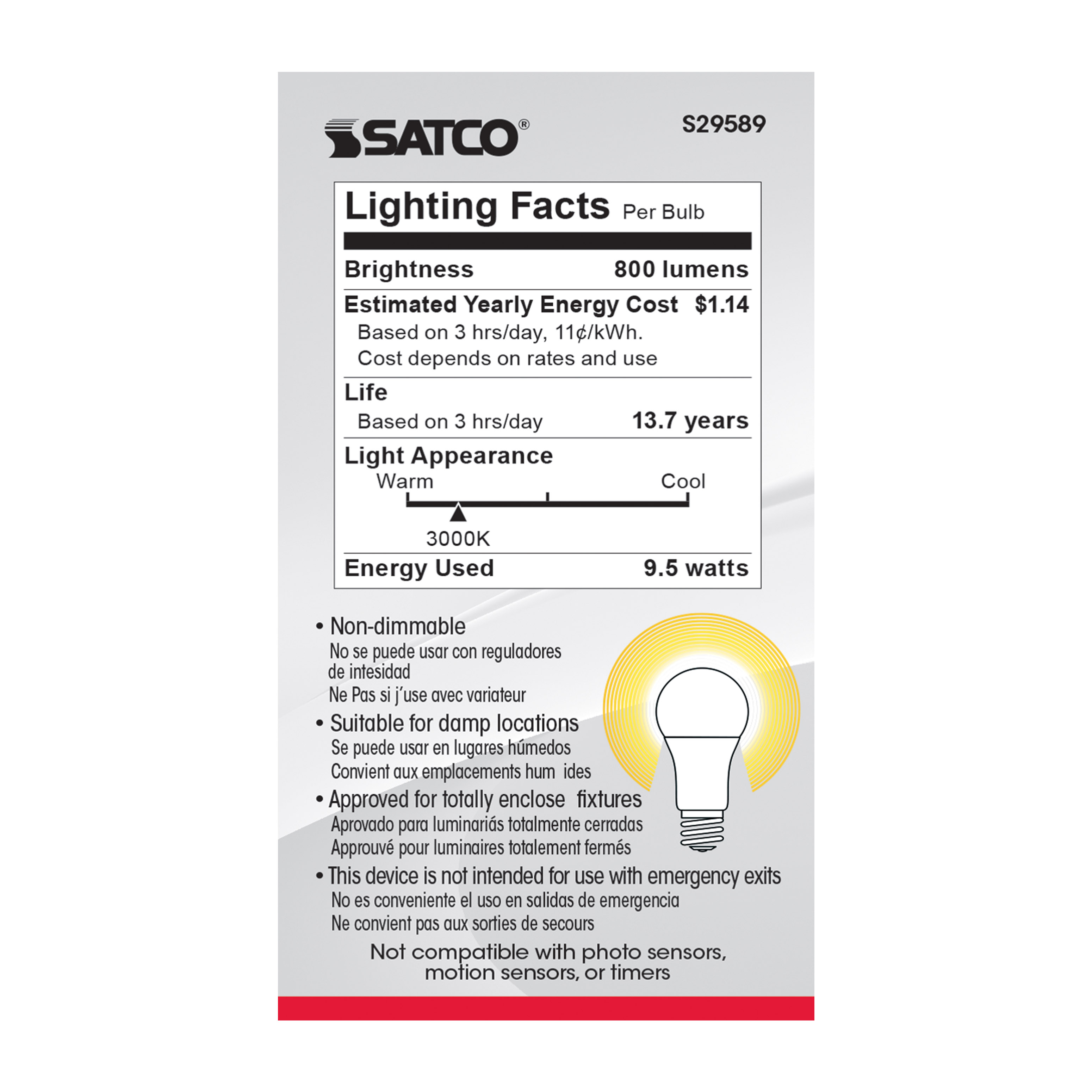 9.5A19/LED/30K/ND/120V/4PK - S29589