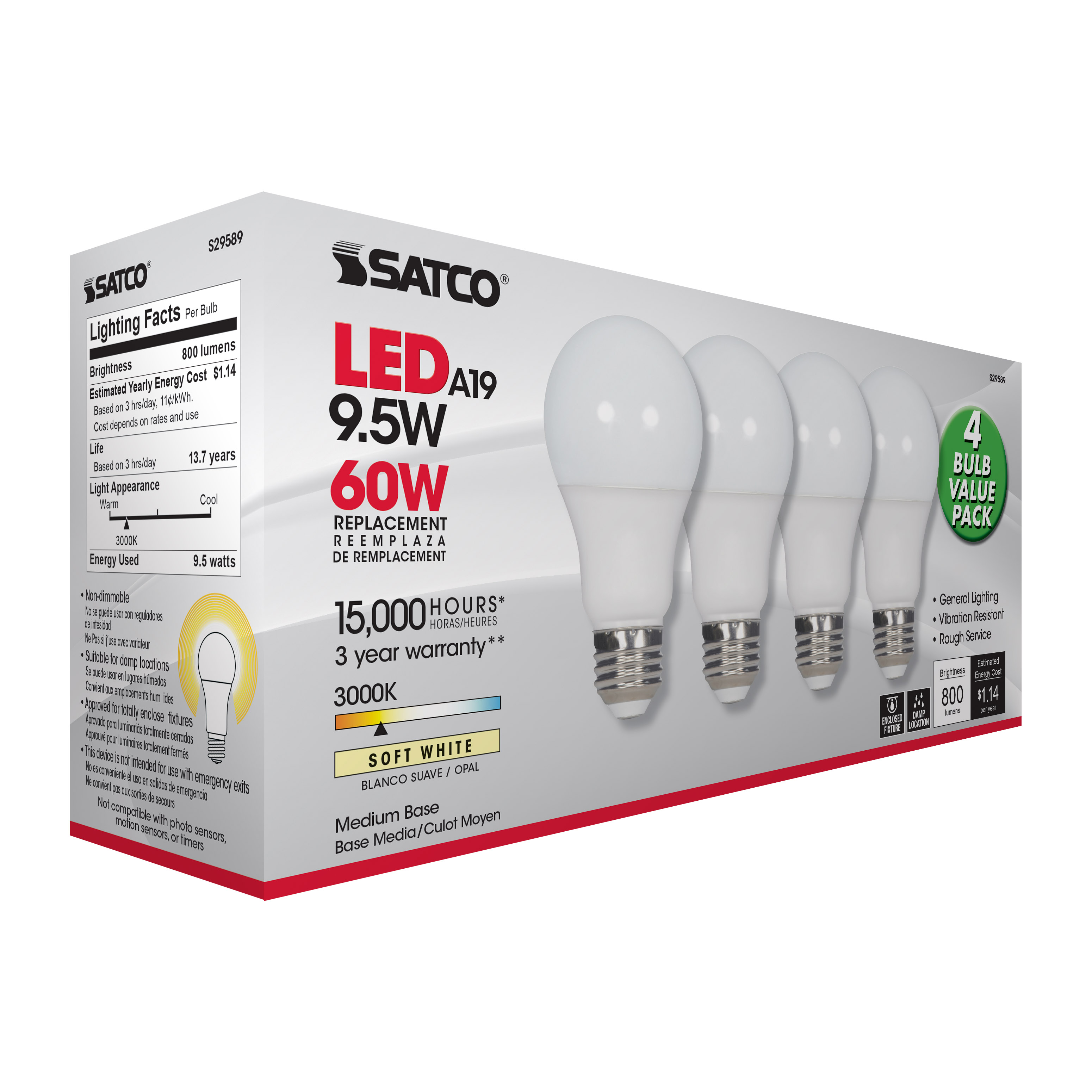 9.5A19/LED/30K/ND/120V/4PK - S29589