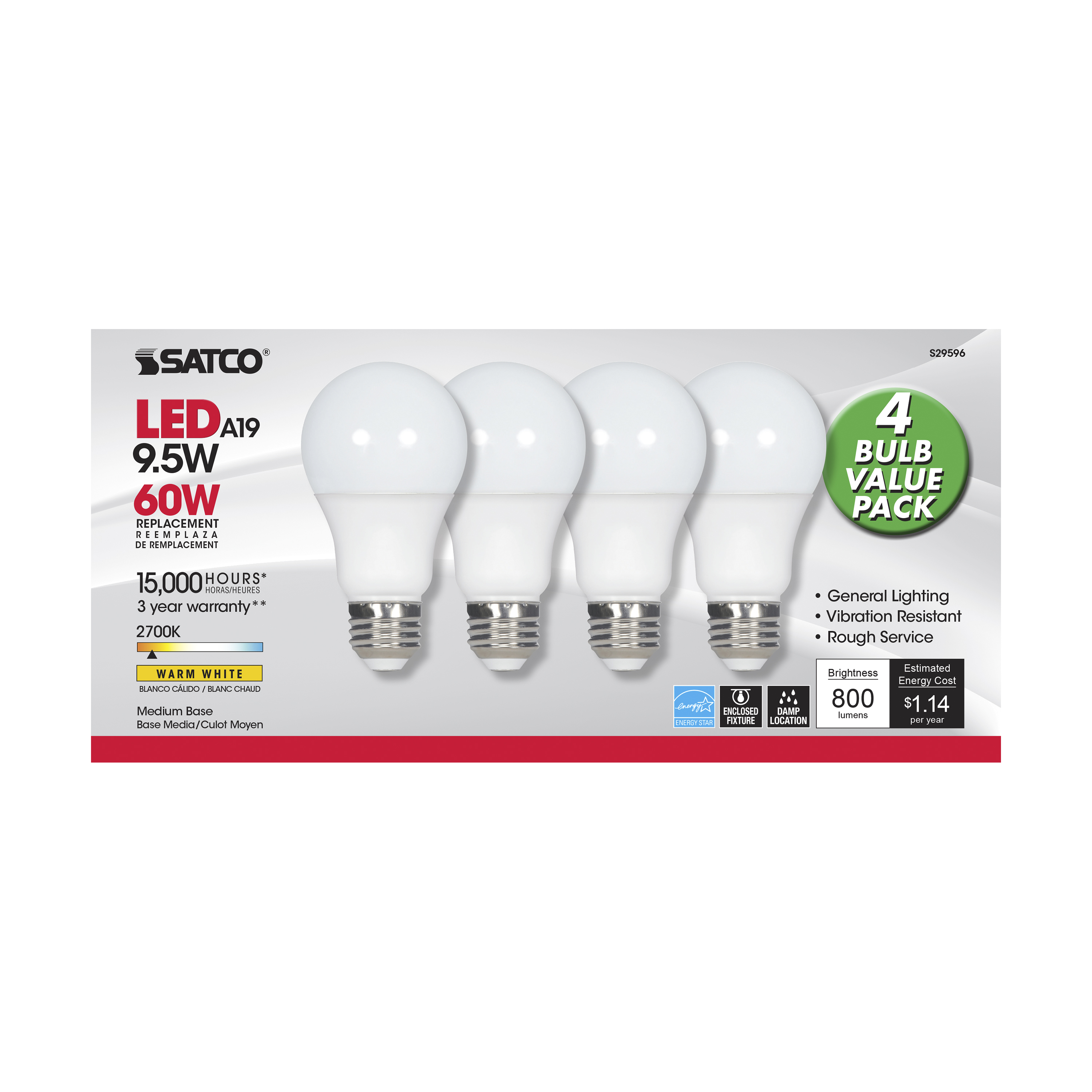 9.5A19/LED/27K/ND/120V/4PK - S29596