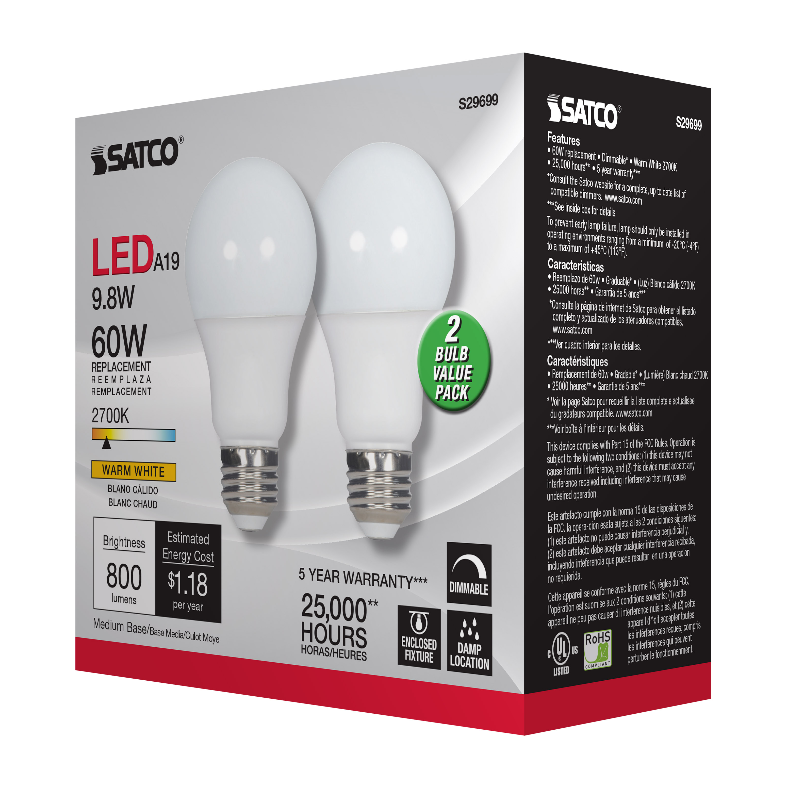 9.8A19/LED/2700K/800L/2PK - S29699