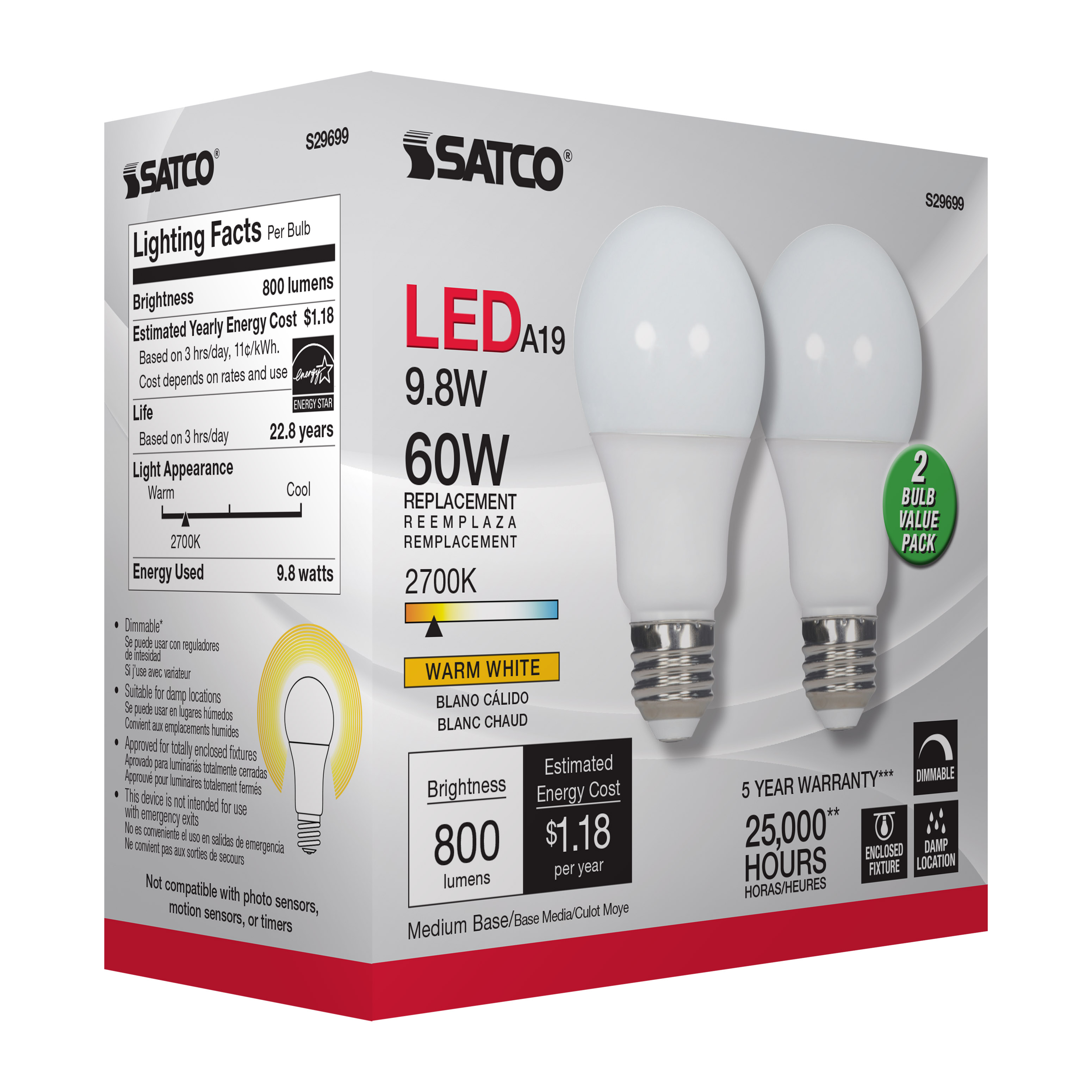 9.8A19/LED/2700K/800L/2PK - S29699