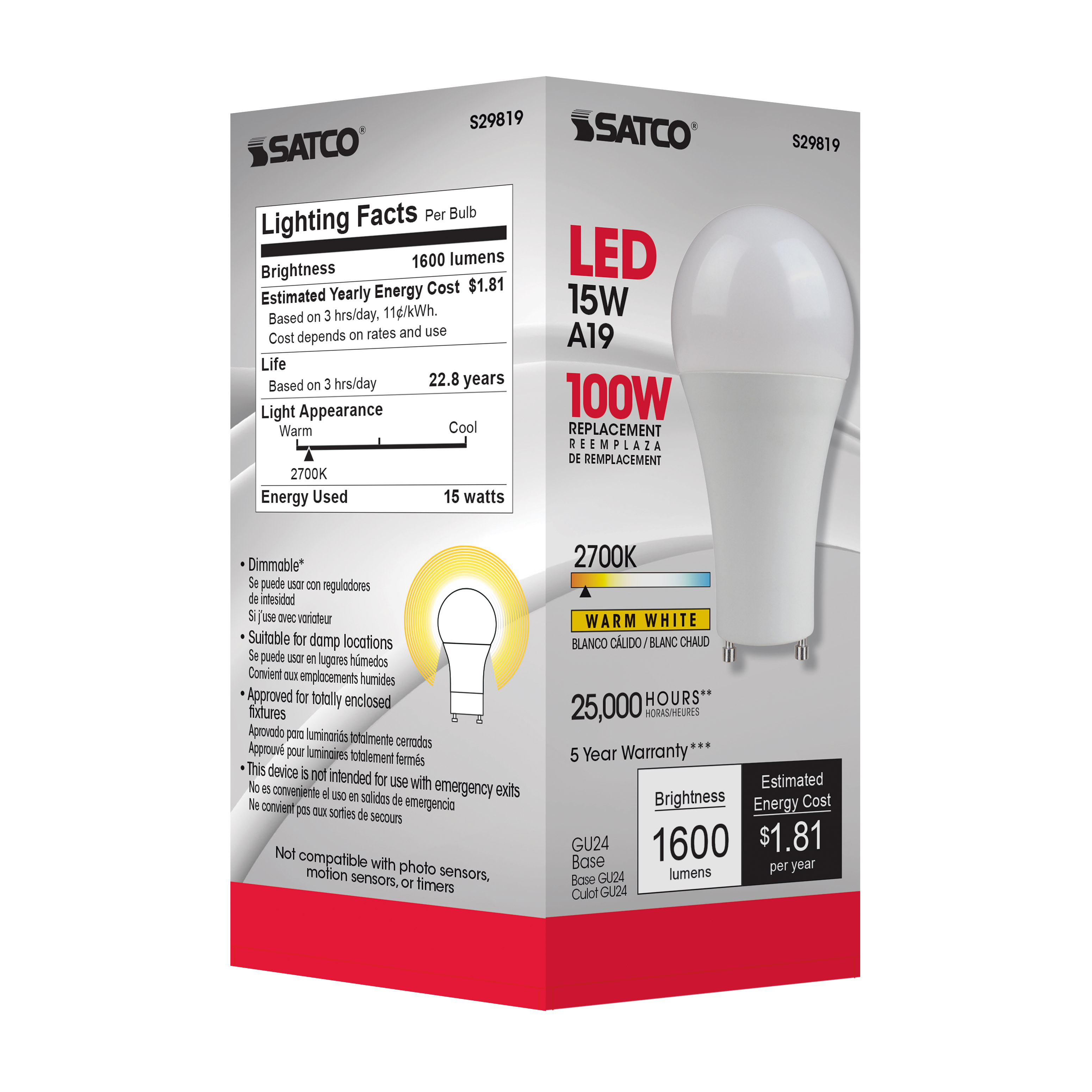 15A19/LED/27K/1600/120V/GU24 - S29819