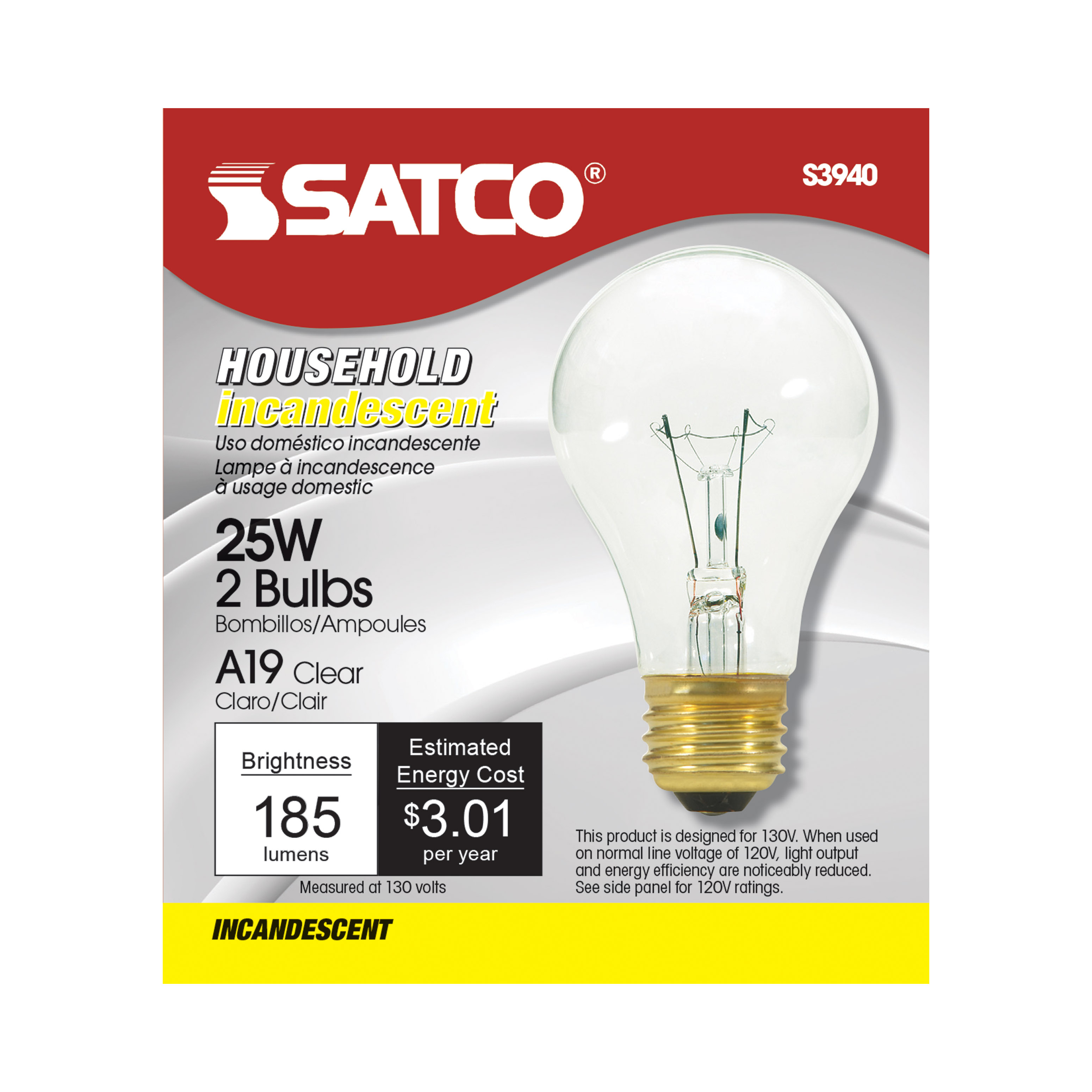 25W A19 CLEAR STD BULB 130V - S3940
