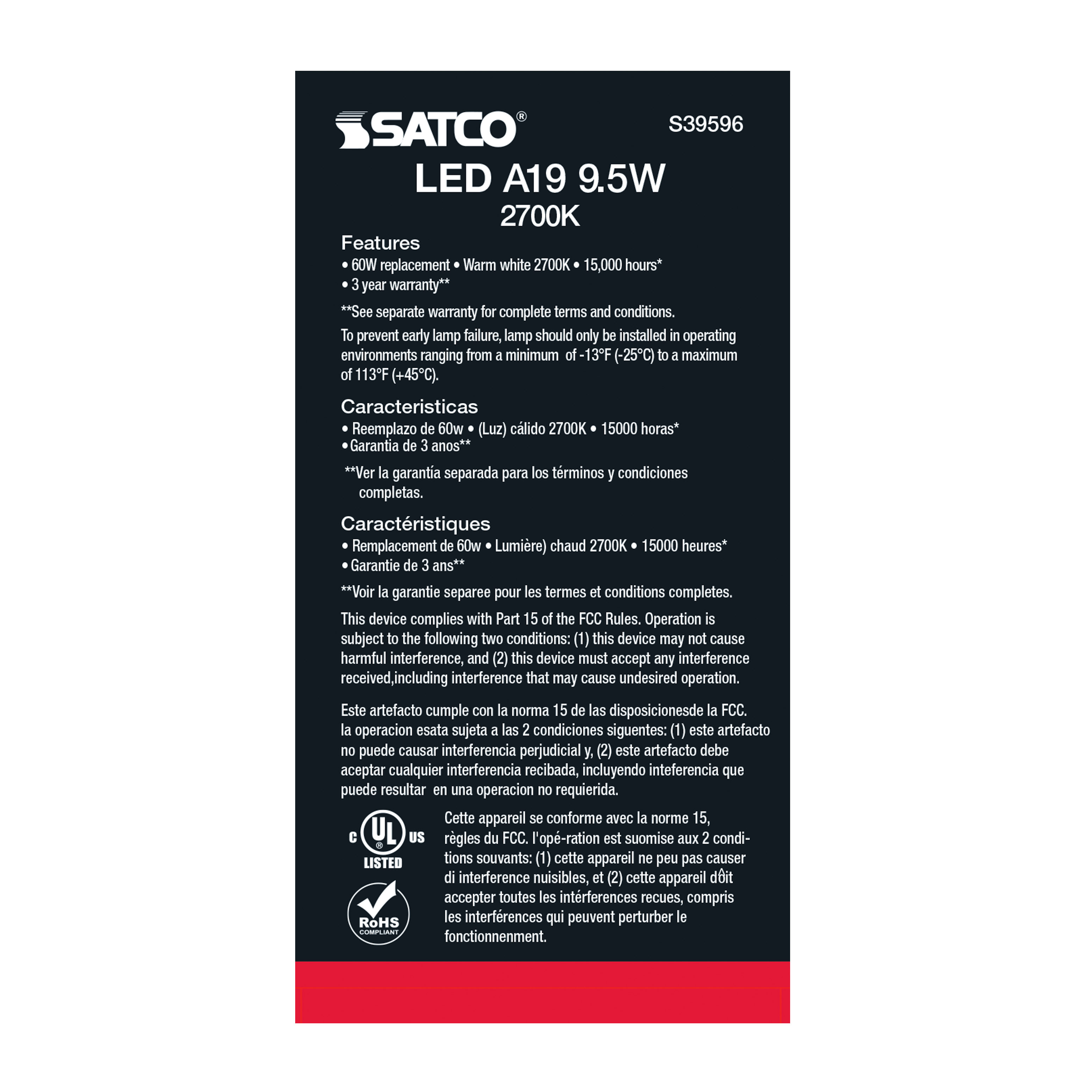 9.5A19/LED/827/ND/120V/4PK - S39596