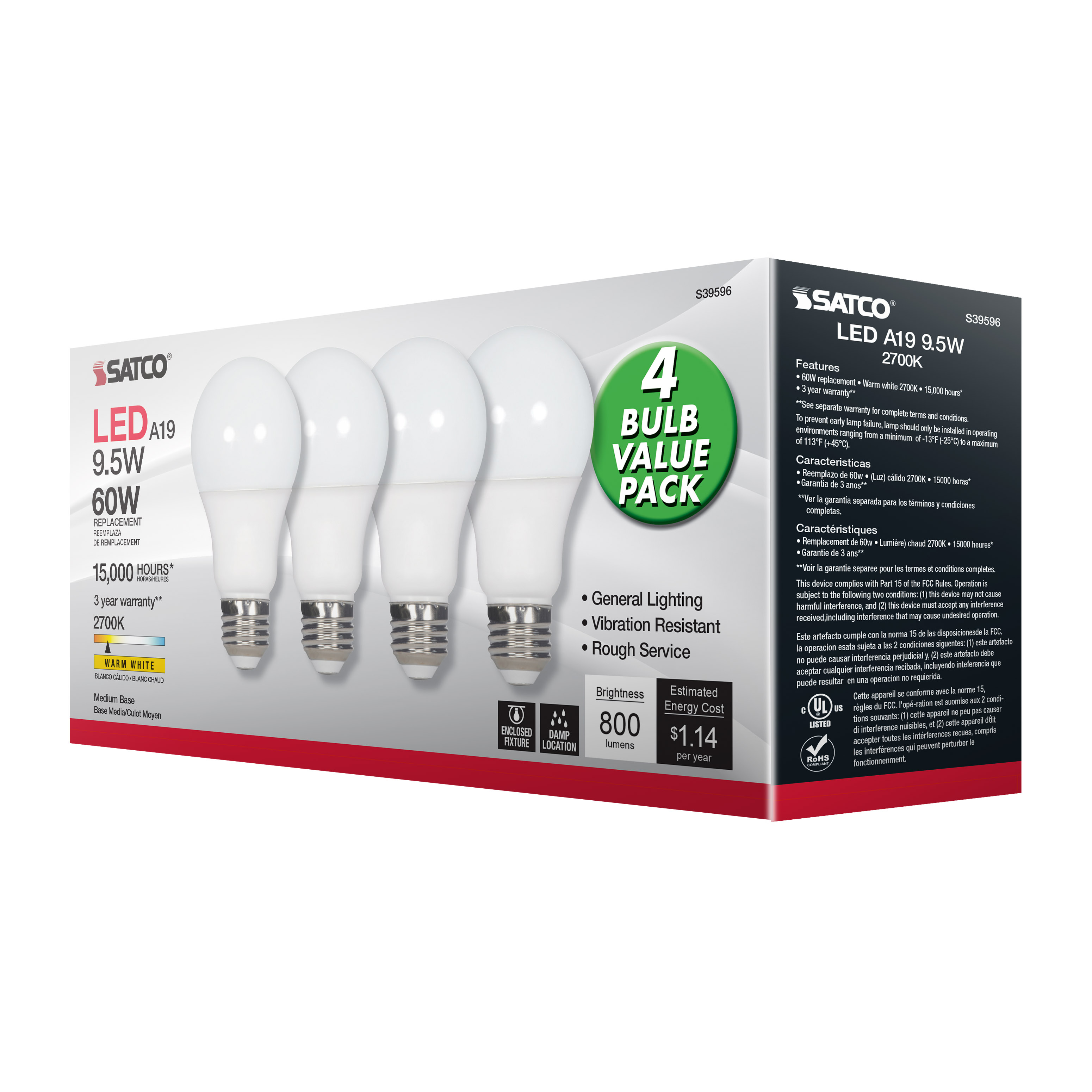 S39596 9.5A19/LED/827/ND/120V/4PK