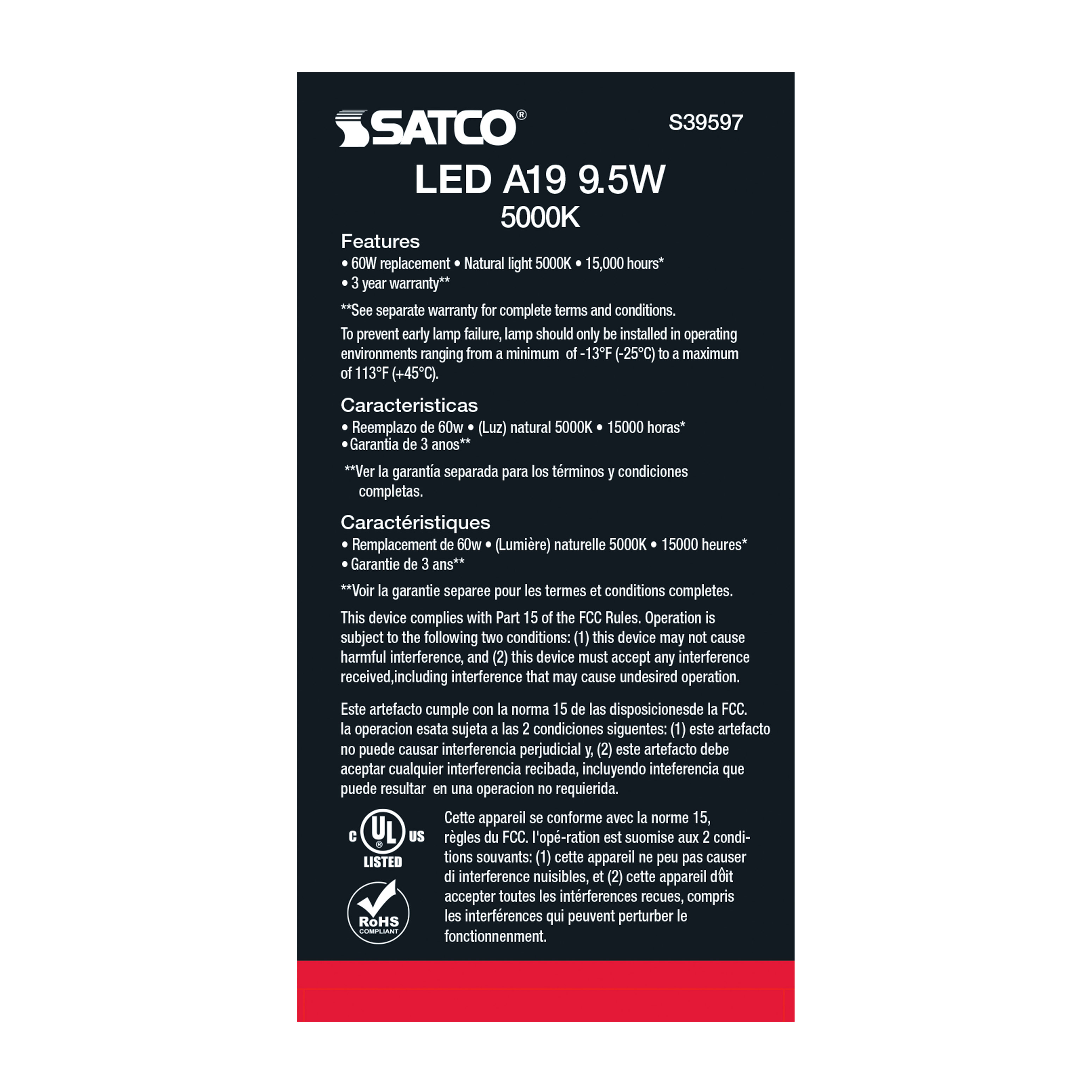 9.5A19/LED/850/ND/120V/4PK - S39597