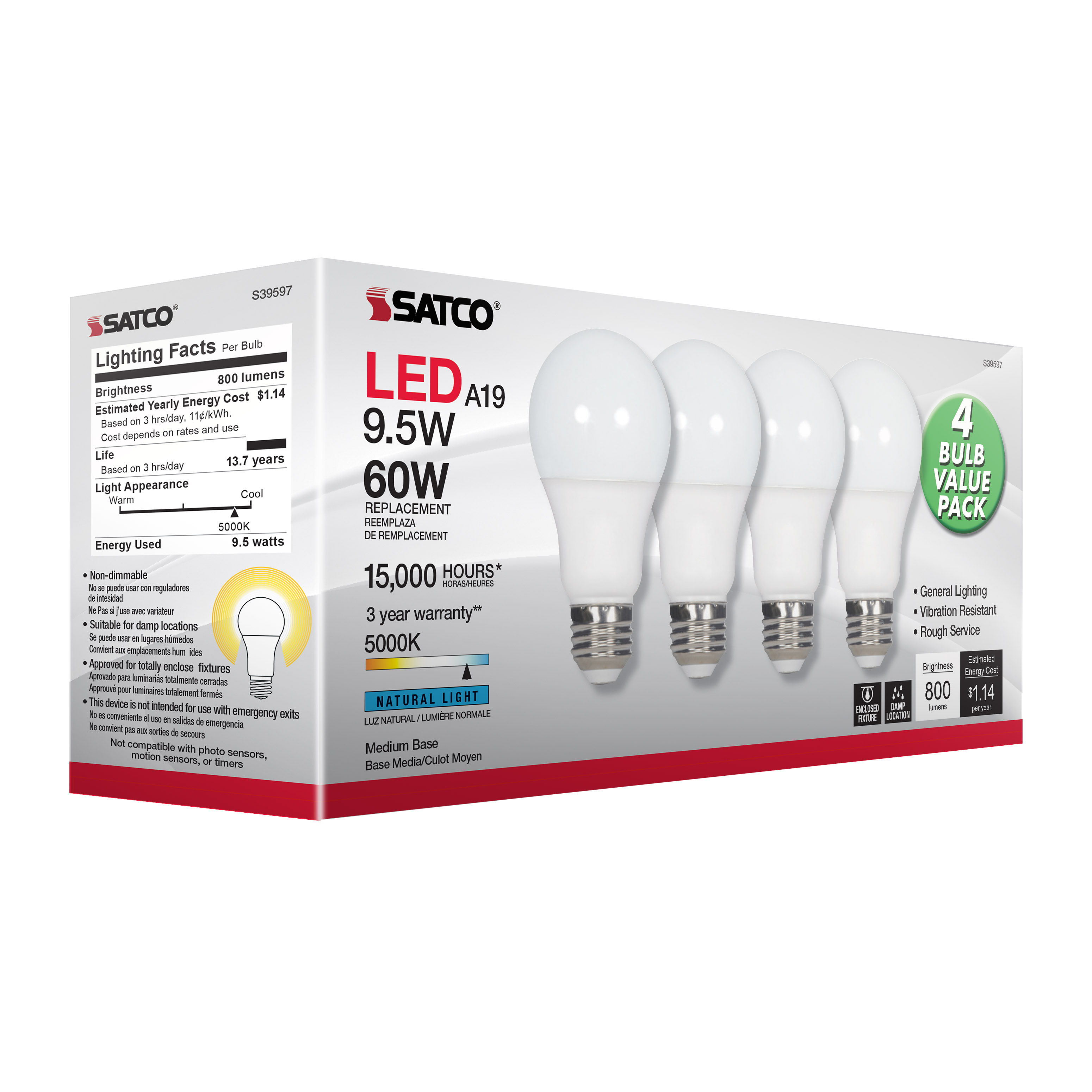 9.5A19/LED/850/ND/120V/4PK - S39597