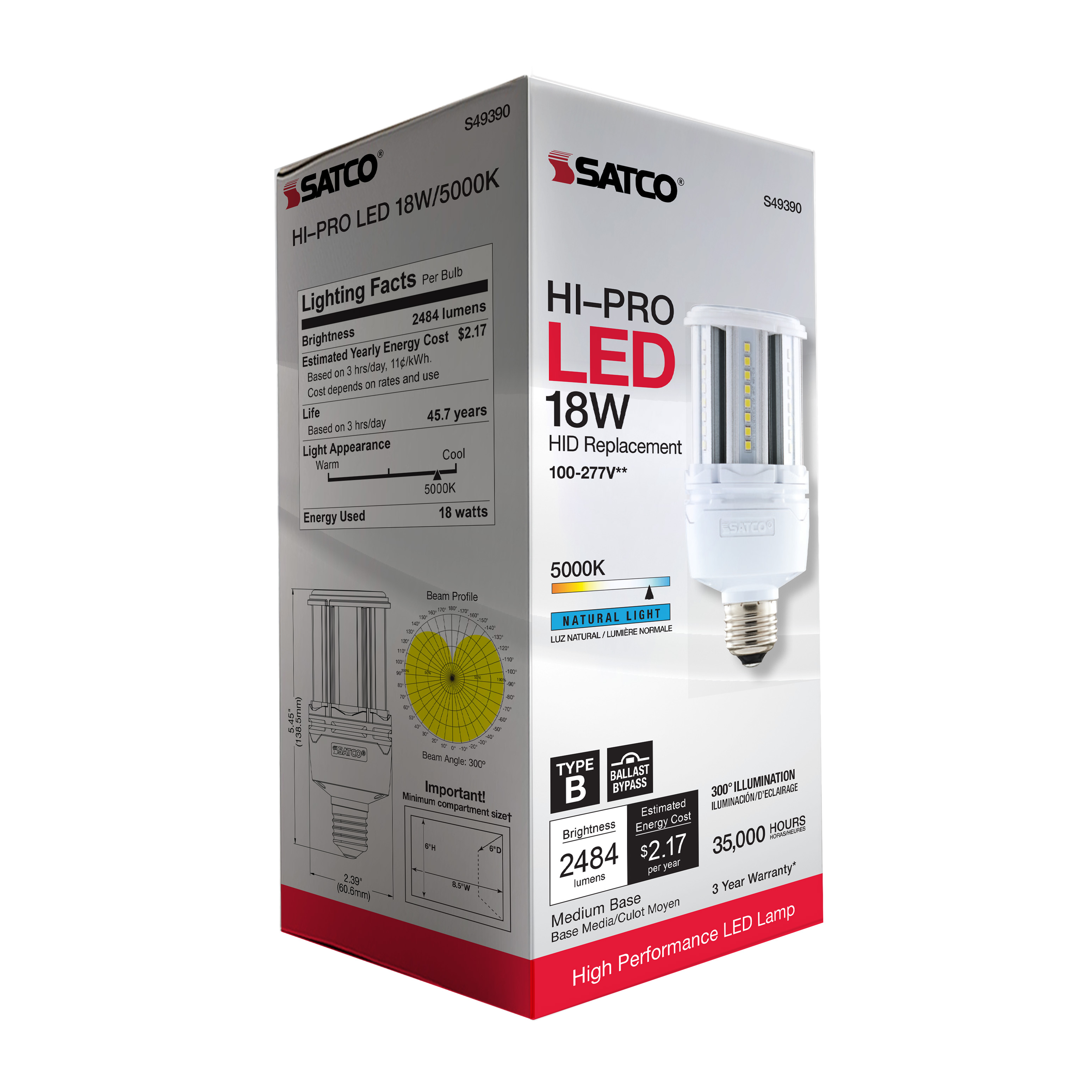 18W/LED/HP/850/100-277V/E26 - S49390