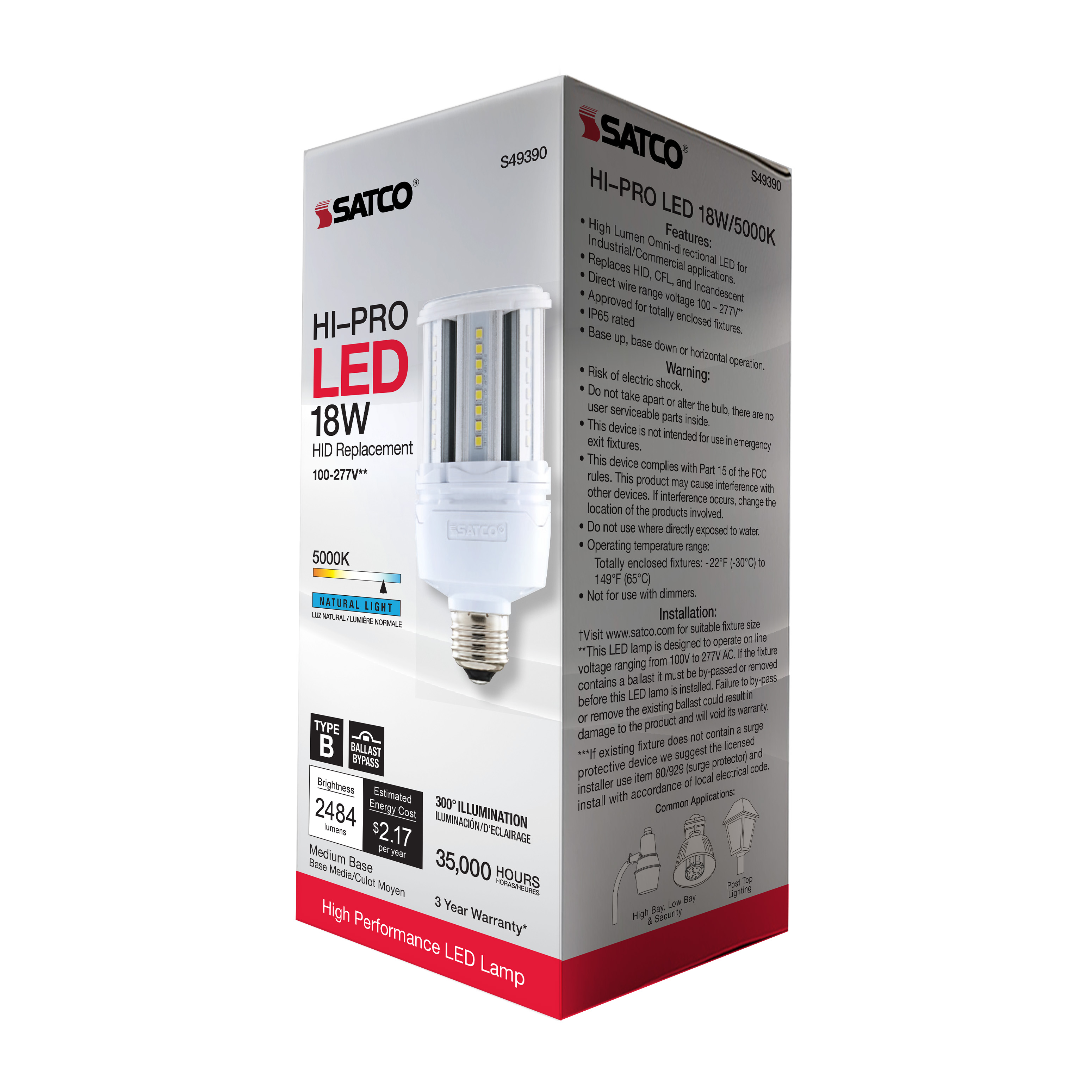 18W/LED/HP/850/100-277V/E26 - S49390