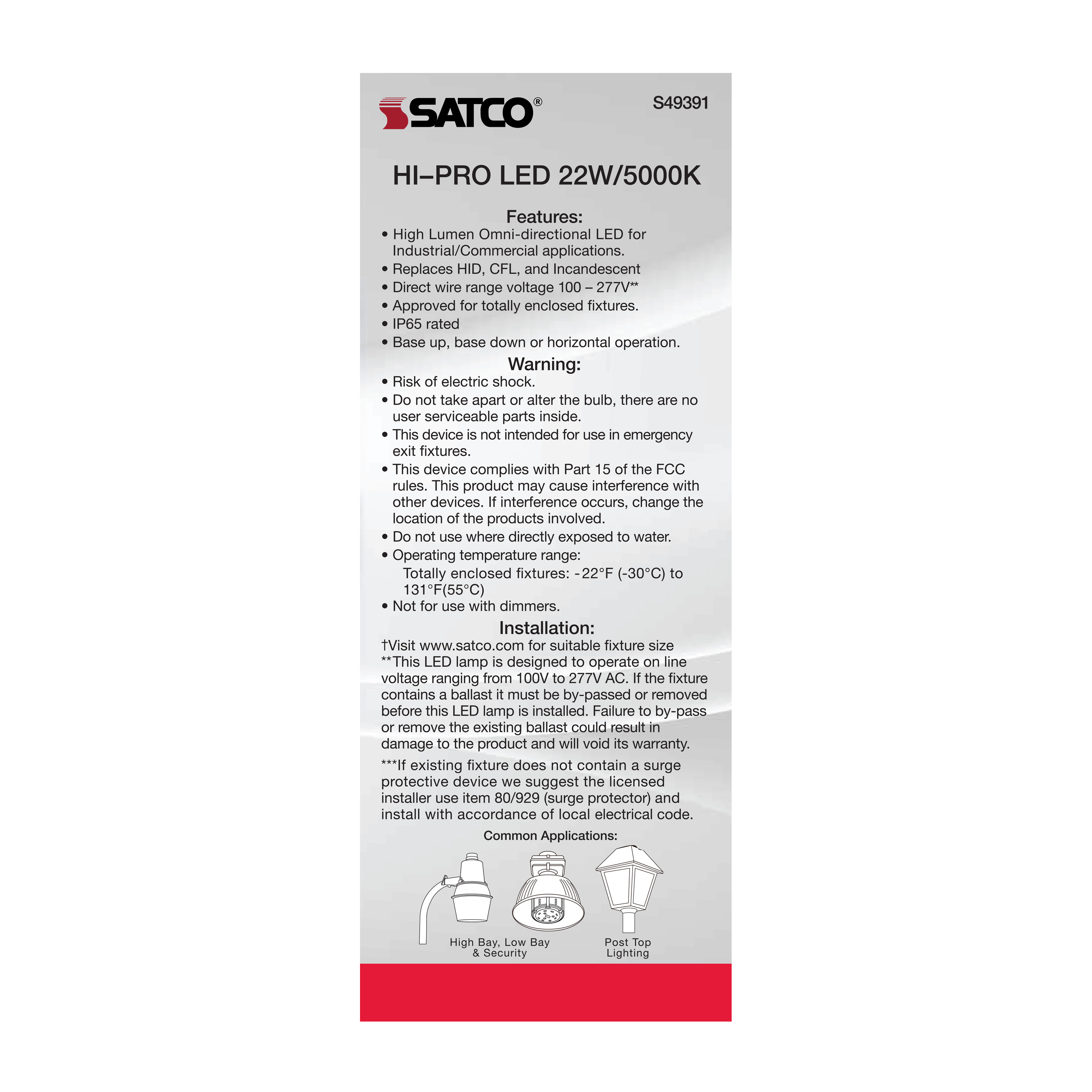 22W/LED/HP/850/100-277V/E26 - S49391