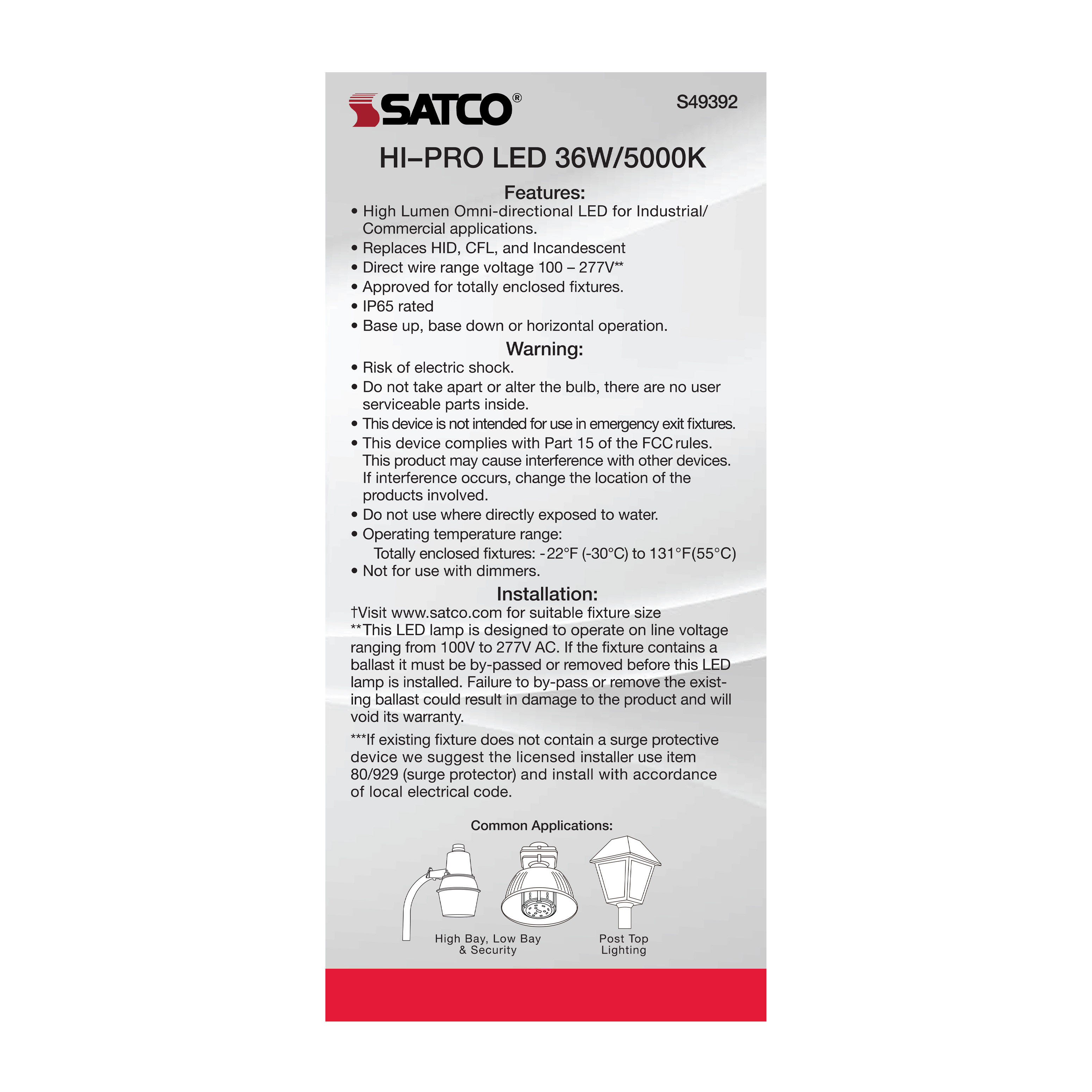 36W/LED/HP/850/100-277V/E26 - S49392