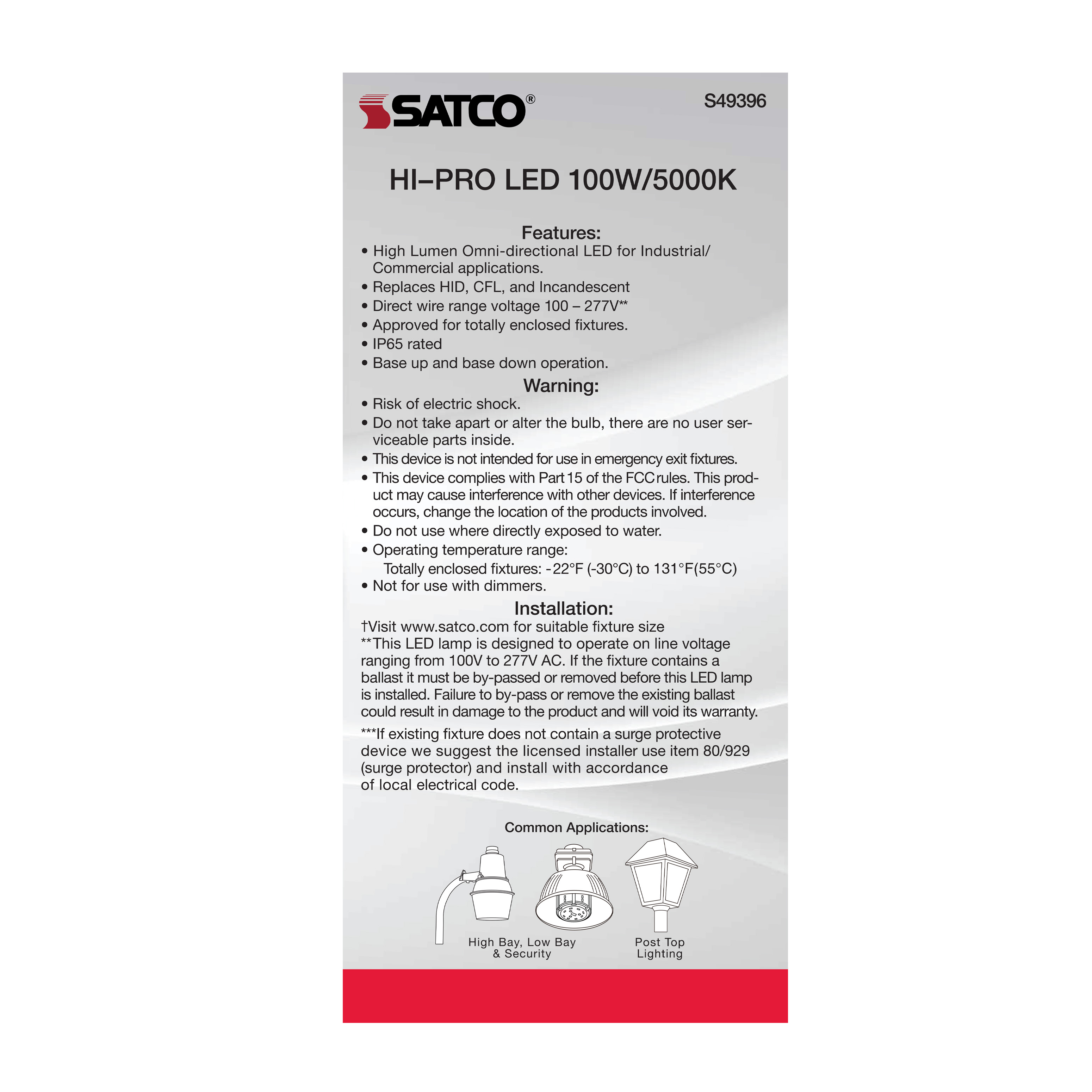 100W/LED/HP/850/100-277V/EX39 - S49396