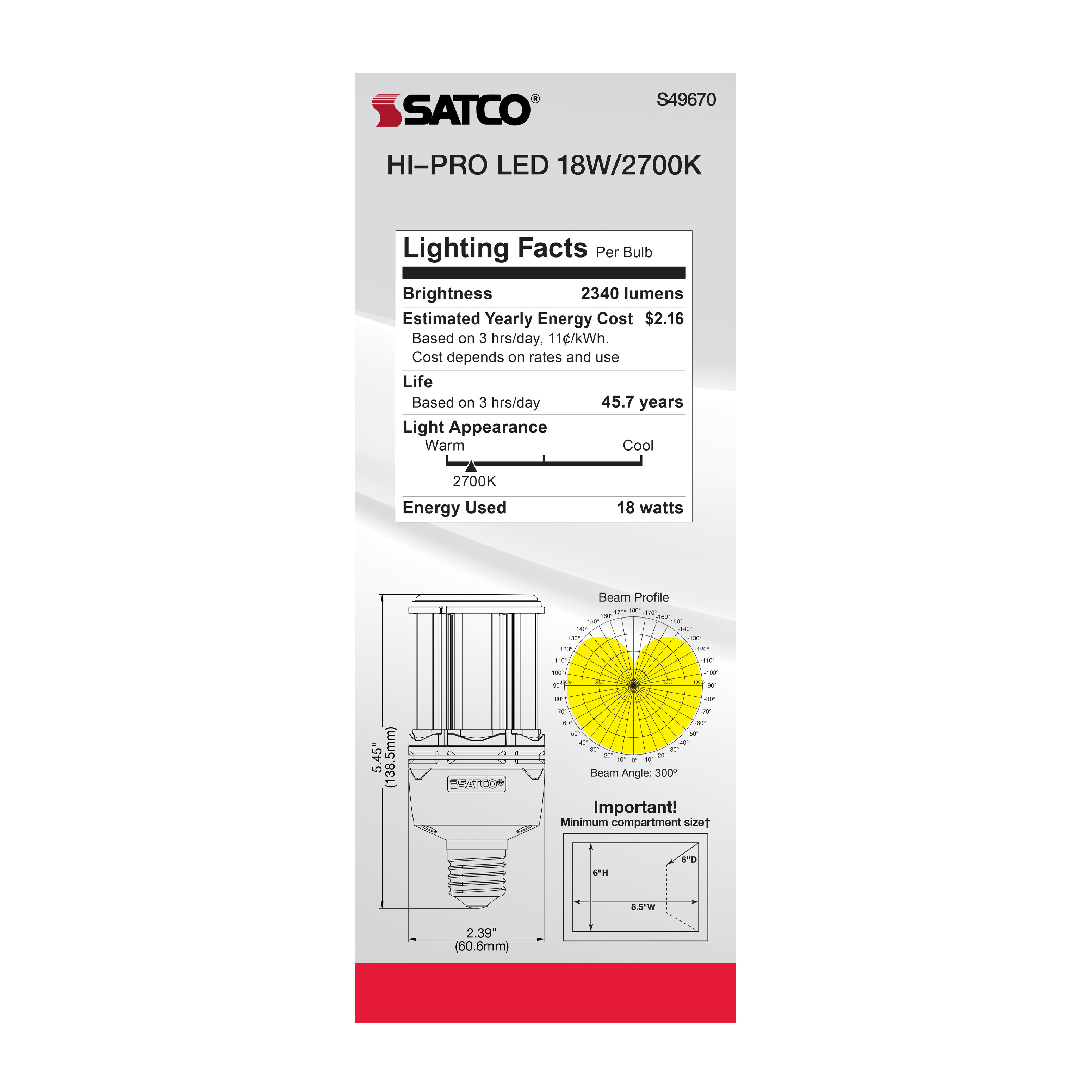 18W/LED/HP/827/100-277V/E26 - S49670