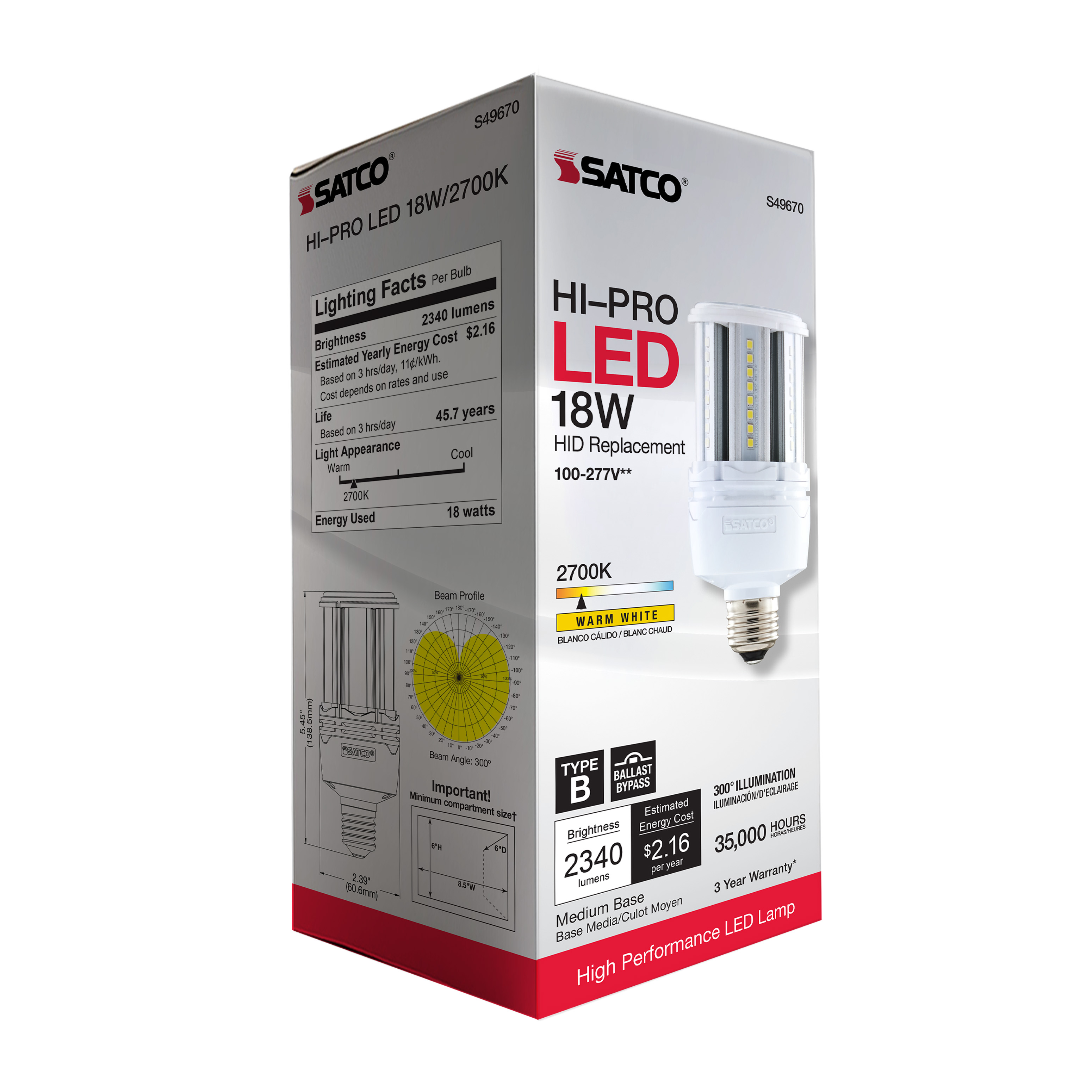 18W/LED/HP/827/100-277V/E26 - S49670