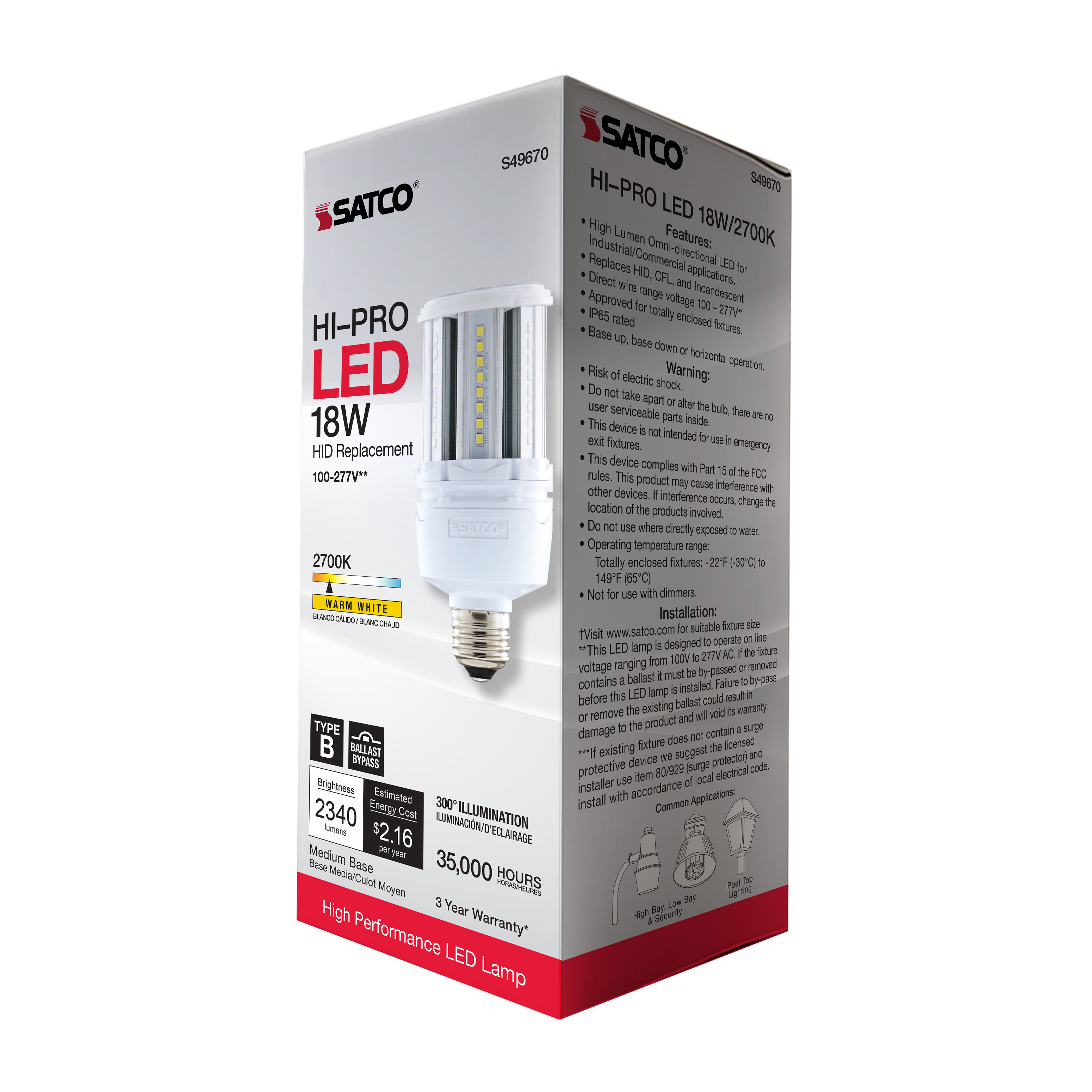 18W/LED/HP/827/100-277V/E26 - S49670