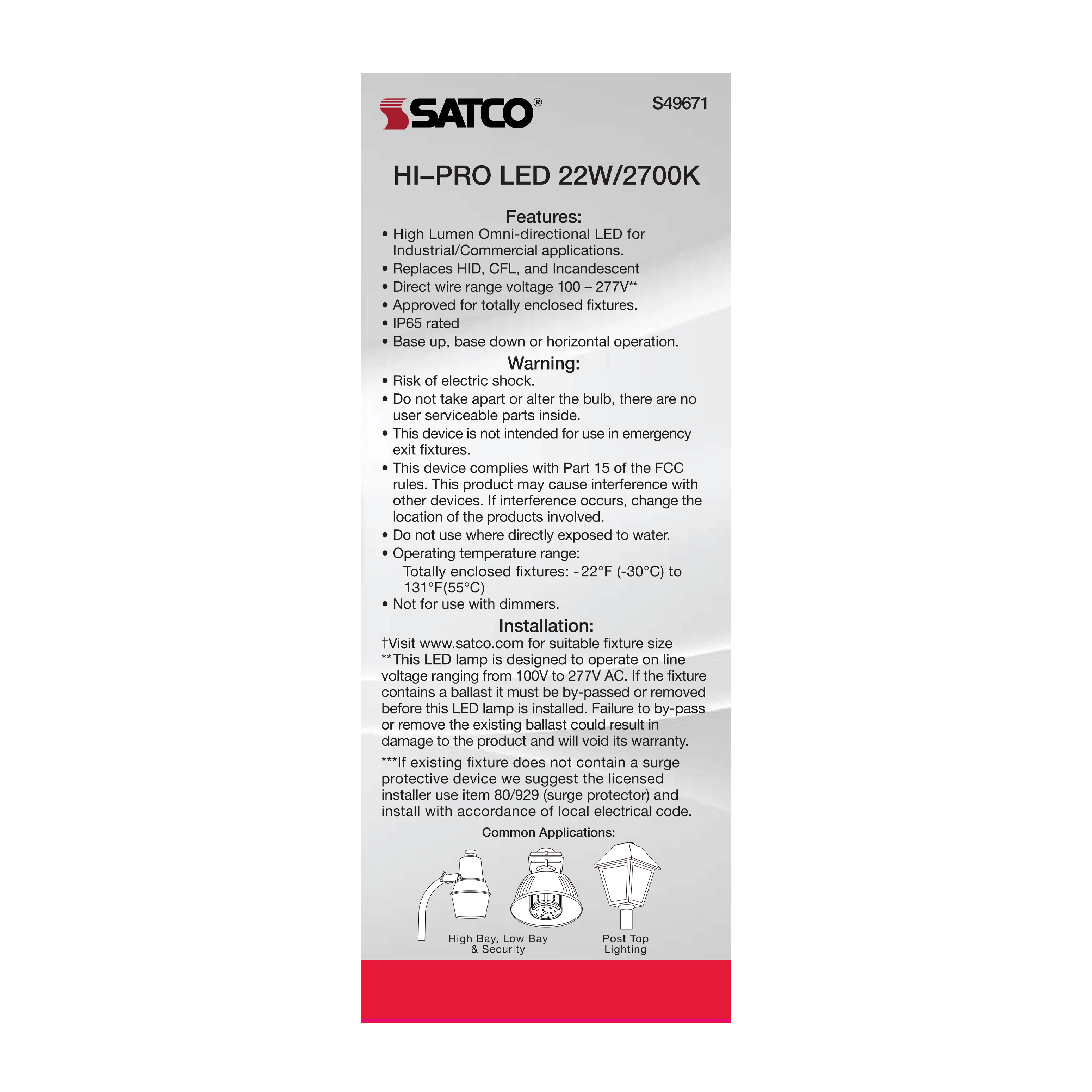 22W/LED/HP/827/100-277V/E26 - S49671