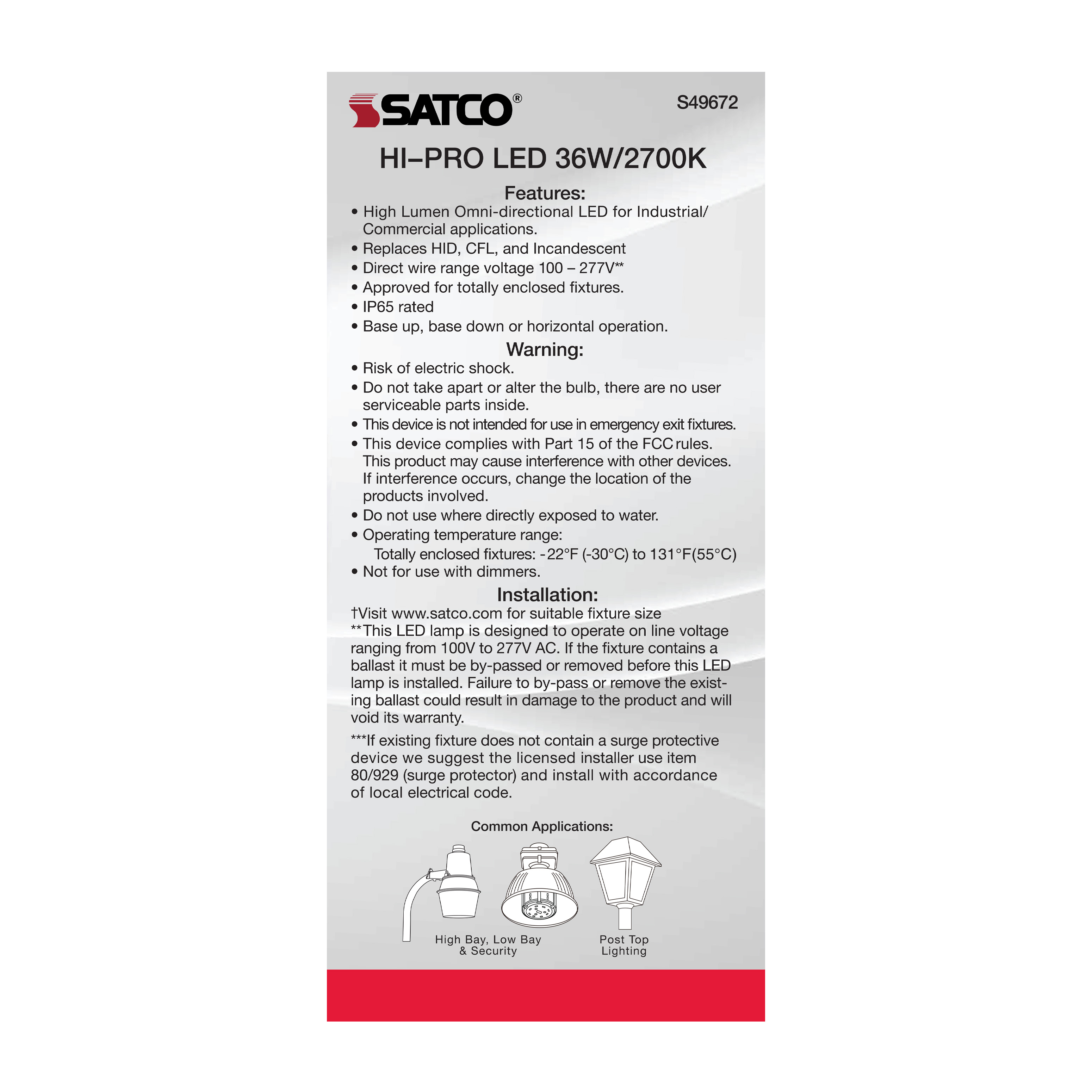 36W/LED/HP/827/100-277V/E26 - S49672