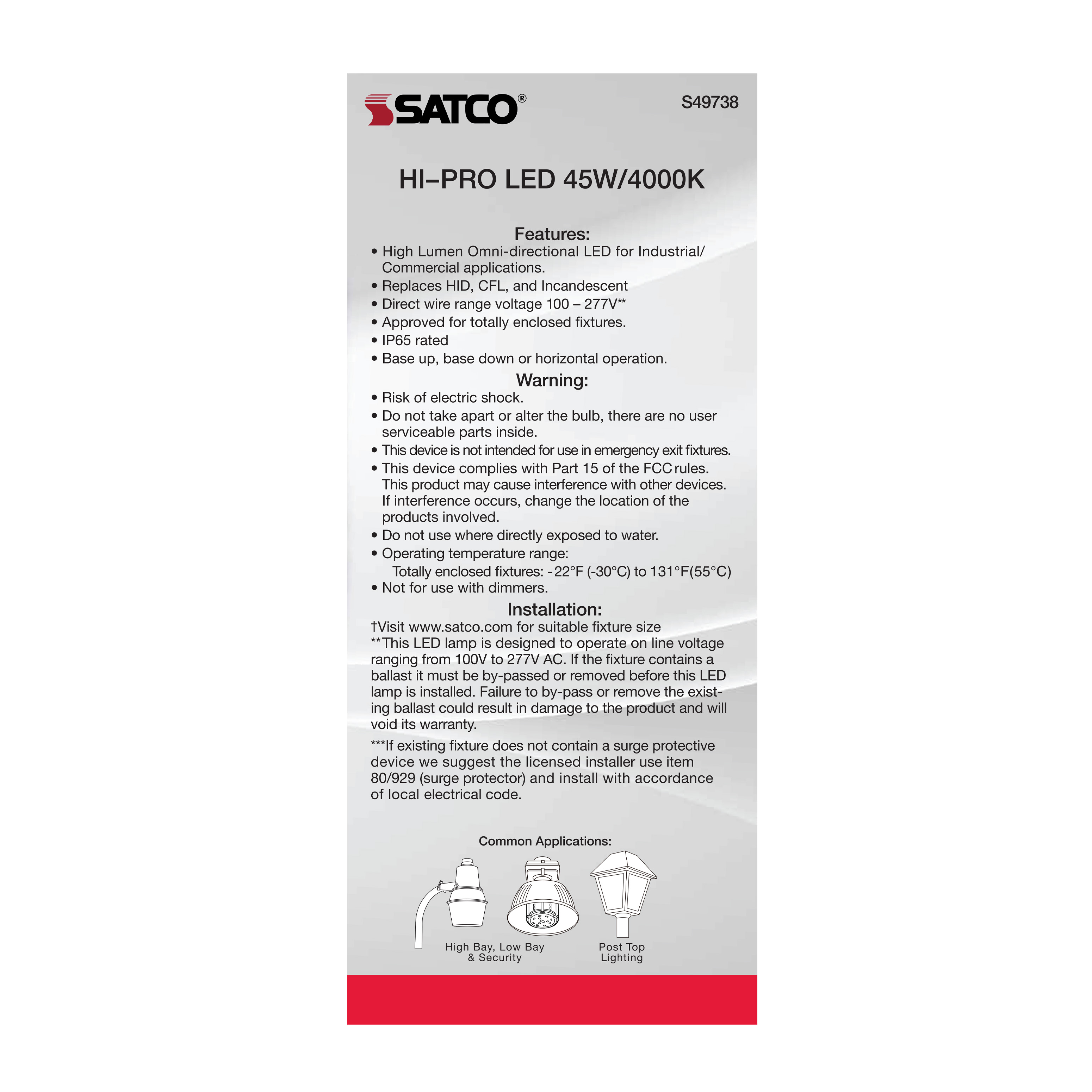 45W/LED/HP/840/100-277V/E26 - S49738