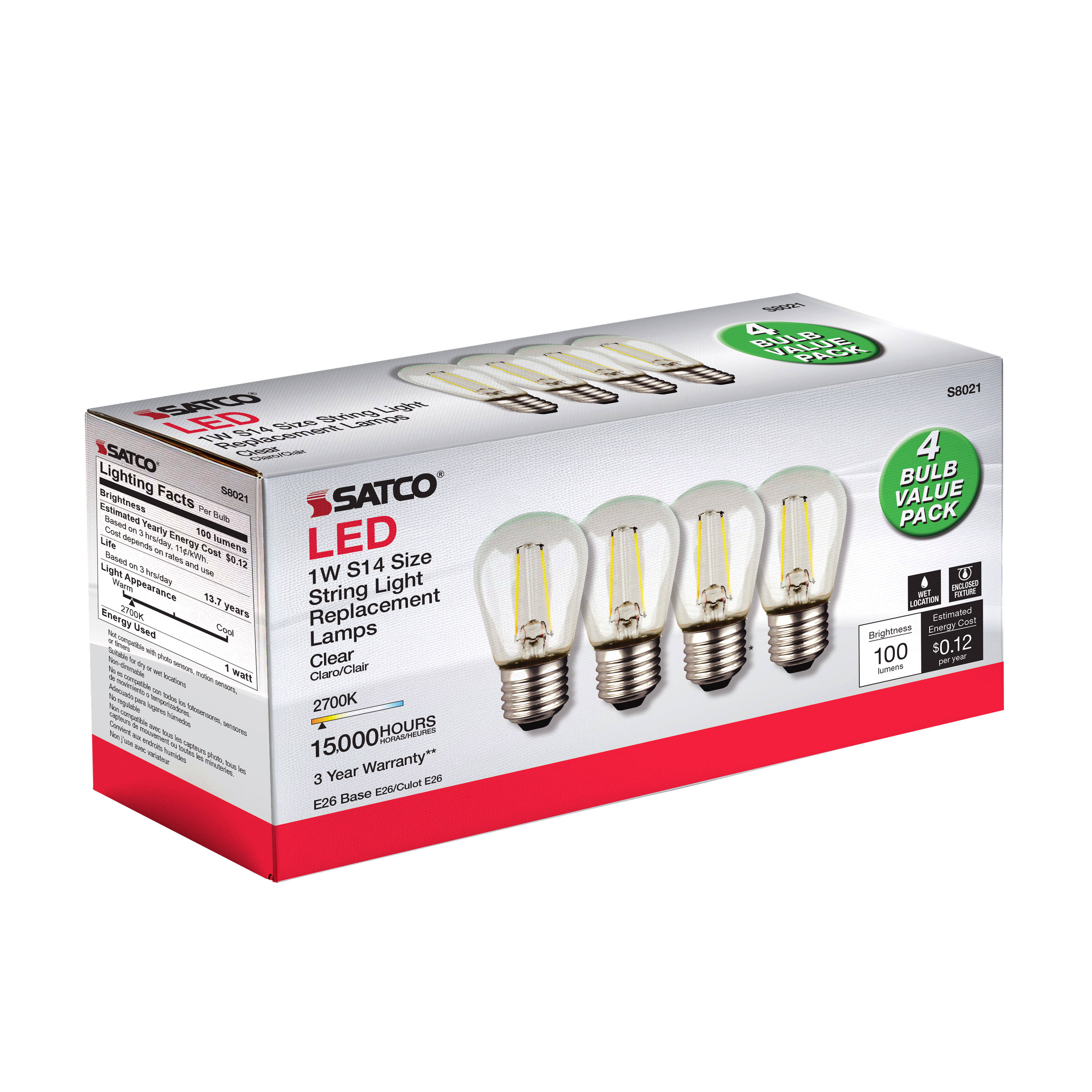 1W/LED/S14/CL/27K/120V/ND/4PK - S8021