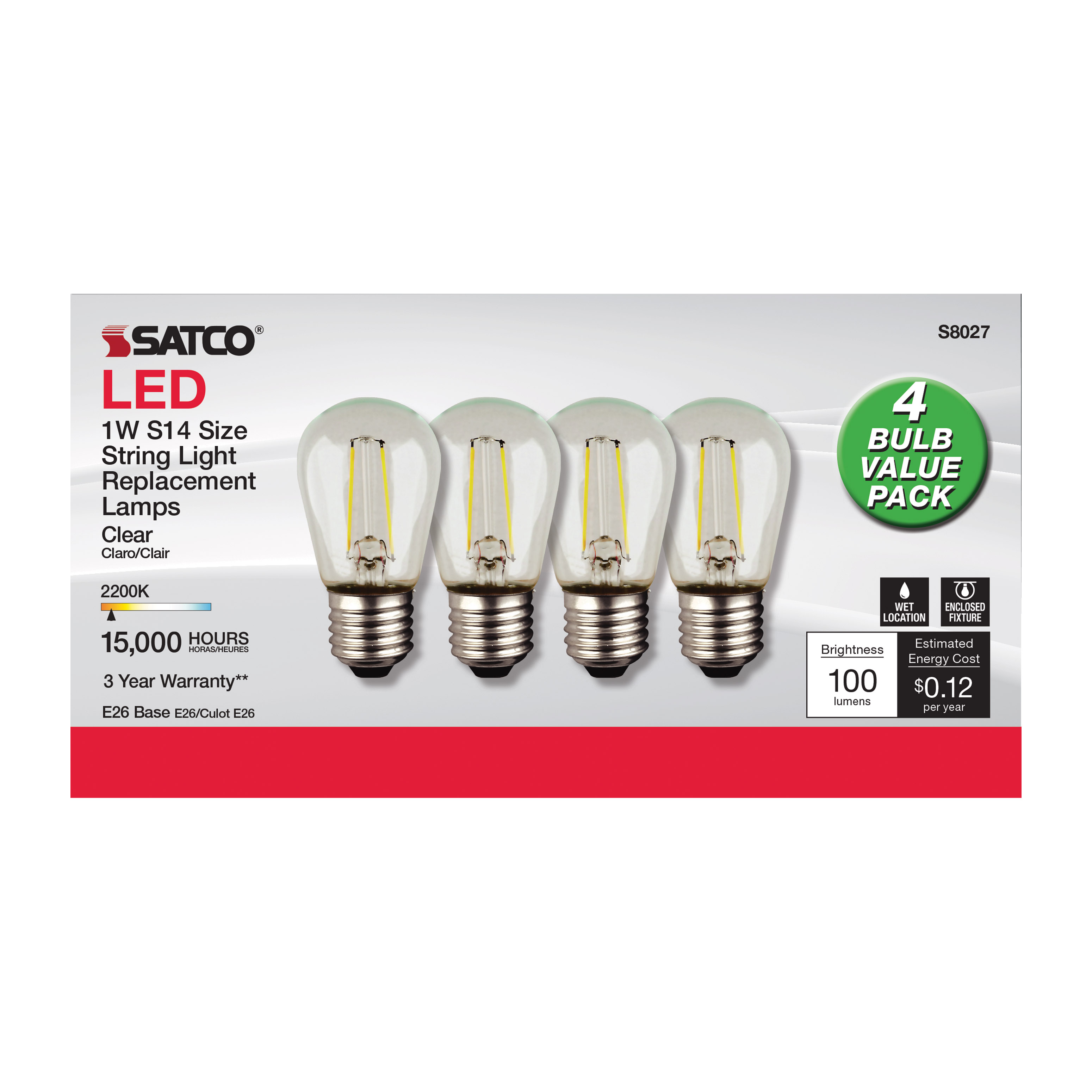 S8027 1W/LED/S14/CL/822/120V/ND/4PK