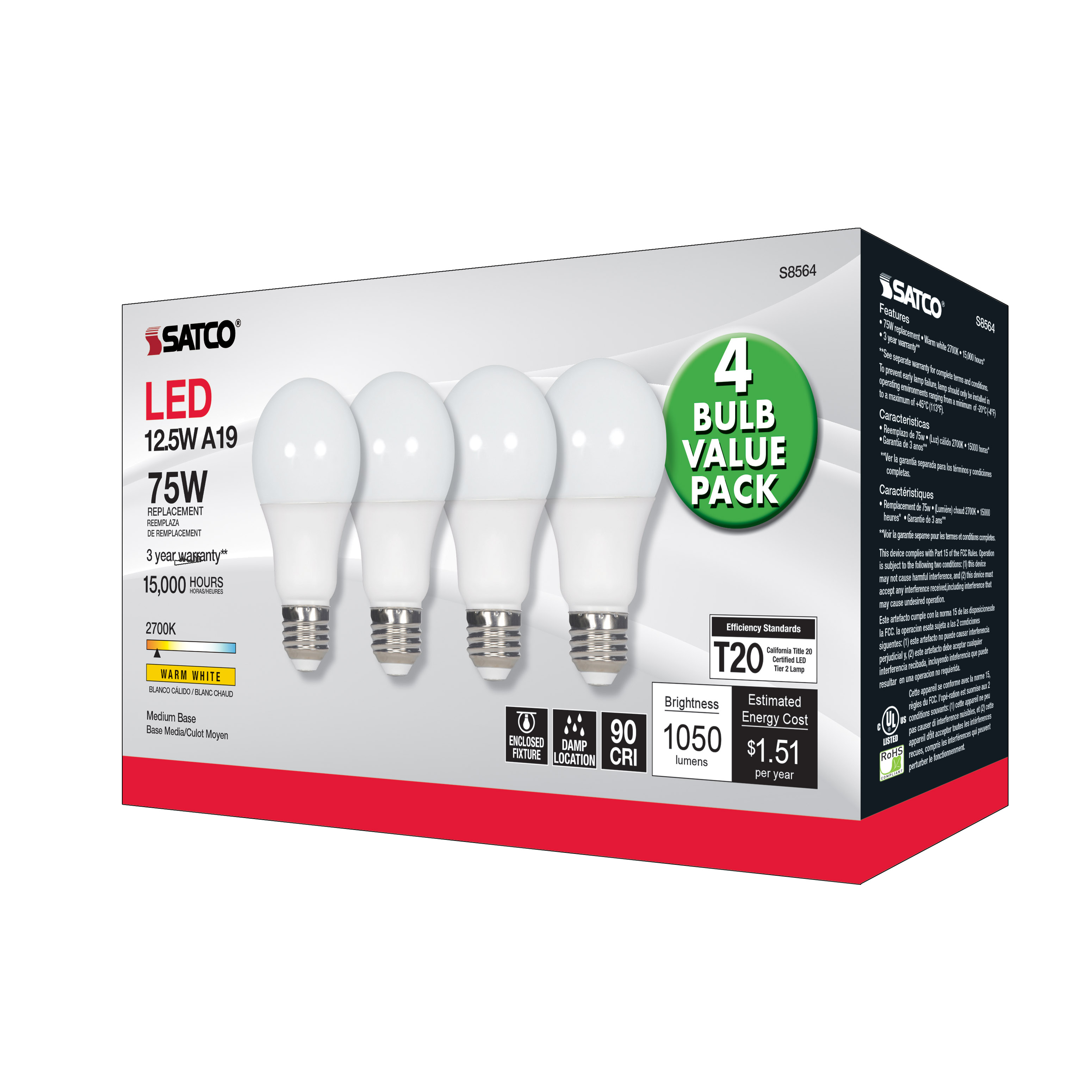12.5A19/LED/27K/ND/120V/4PK - S8564