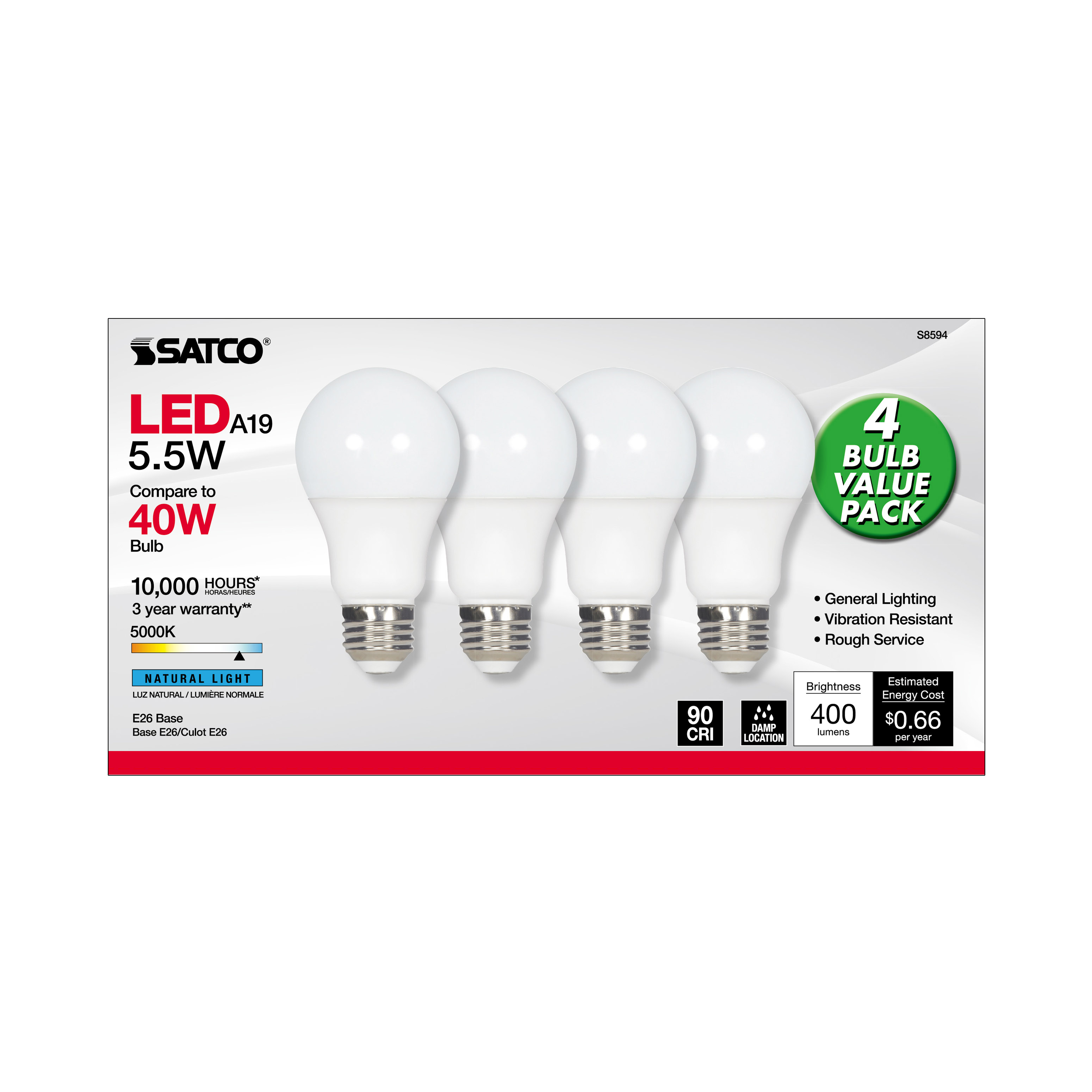 5.5A19/LED/5000K/ND/120V/4PK - S8594