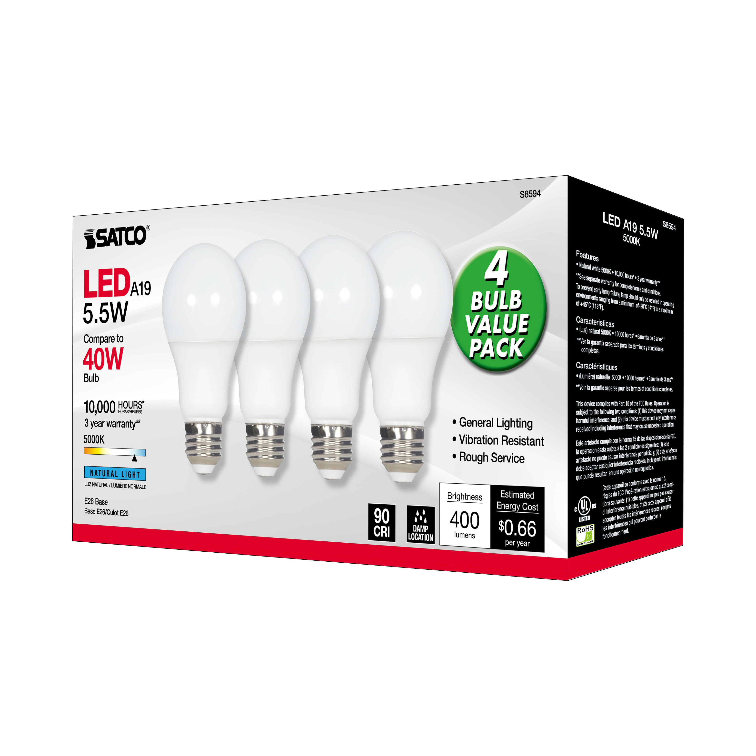 5.5A19/LED/5000K/ND/120V/4PK - S8594