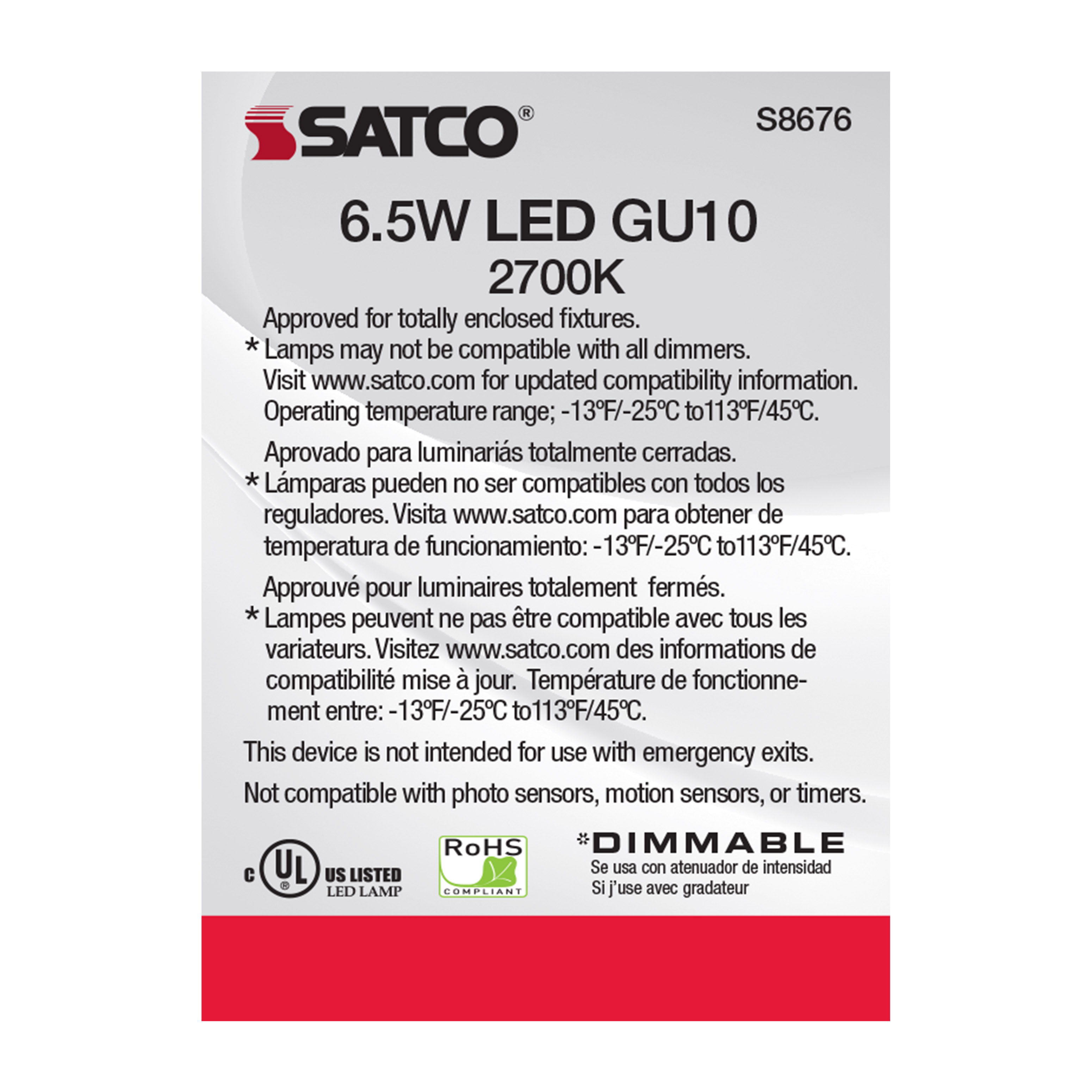 6.5MR16/LED/25'/27K/120V/GU10 - S8676