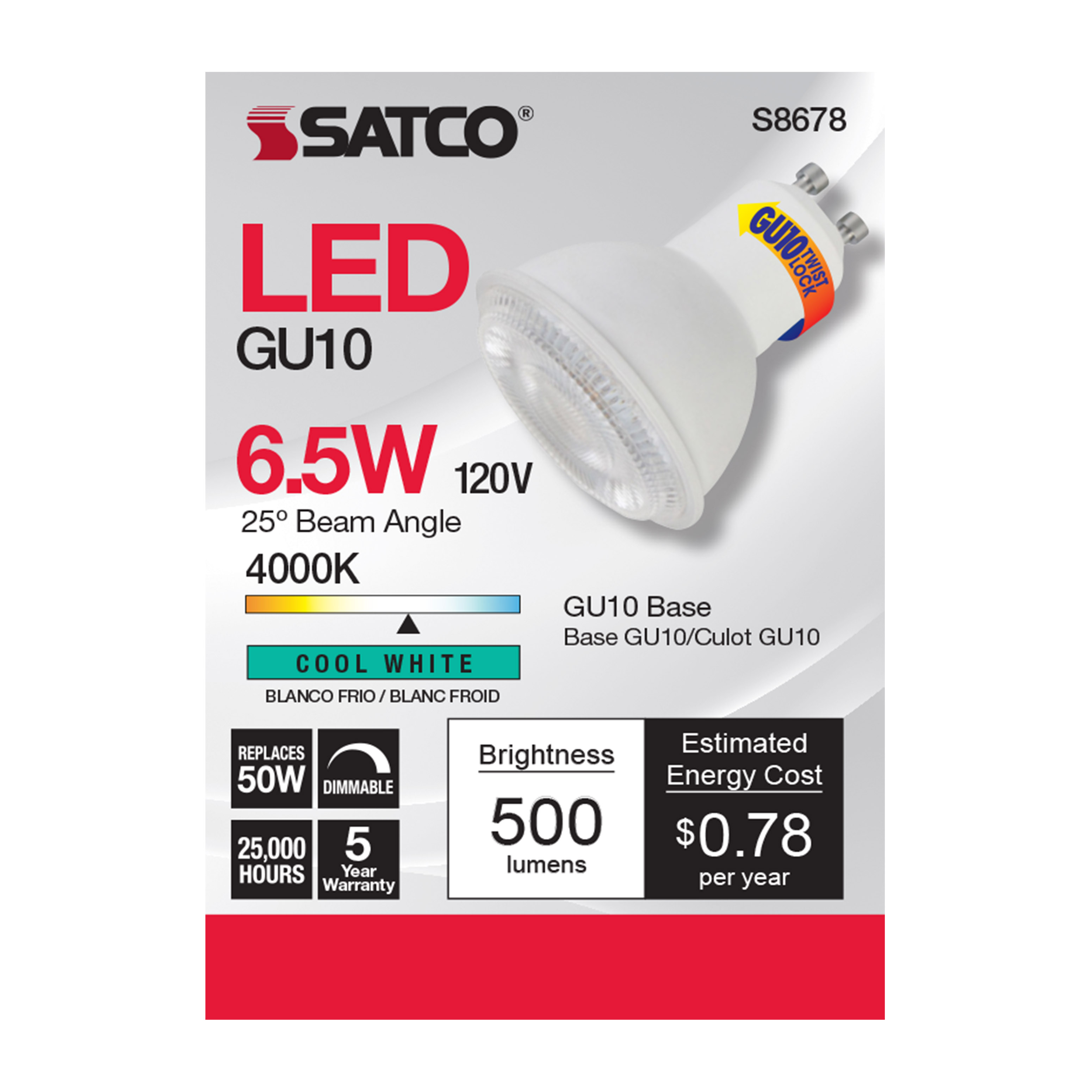 6.5MR16/LED/25'/40K/120V/GU10 - S8678
