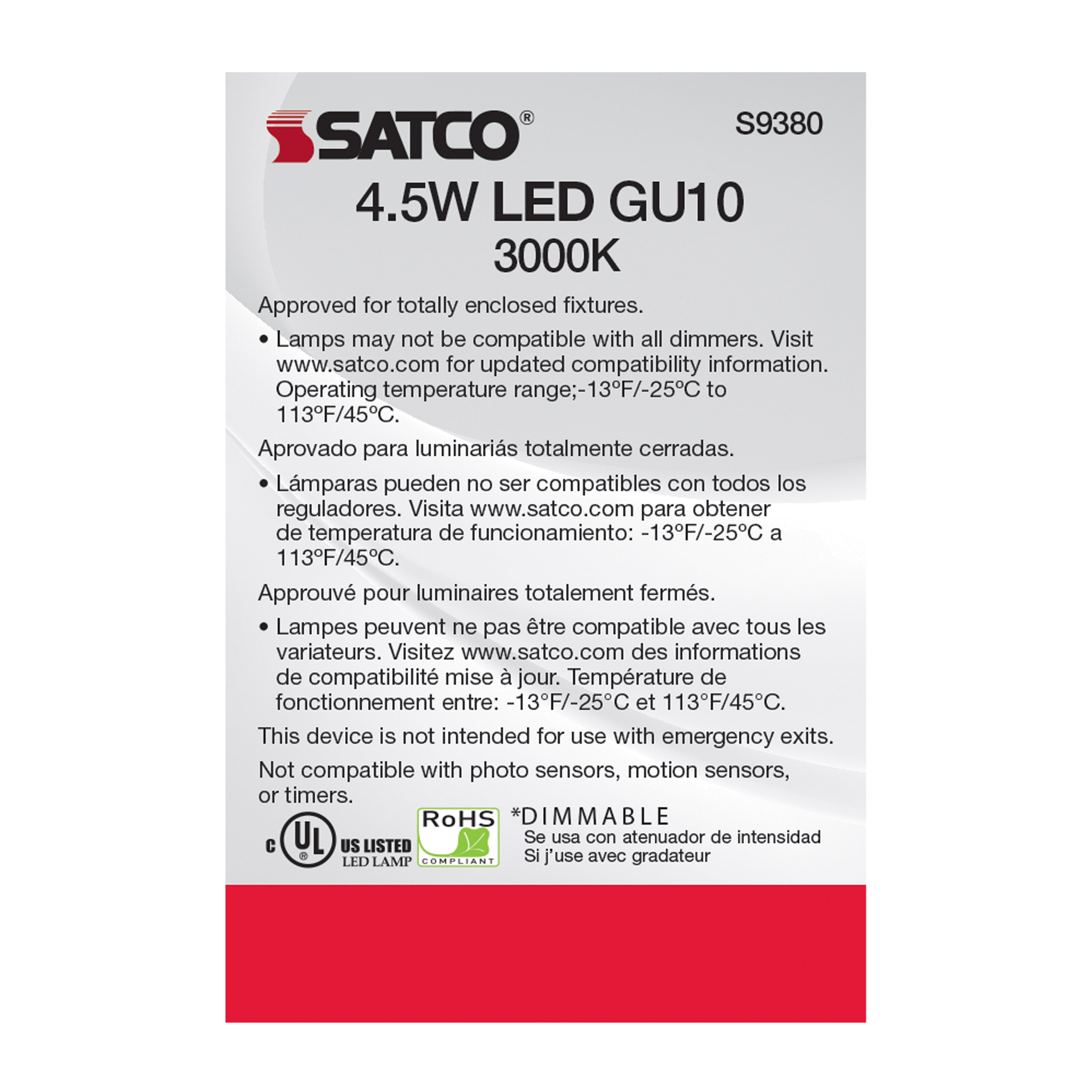 4.5MR16/LED/40'/830/120V/GU10 - S9380