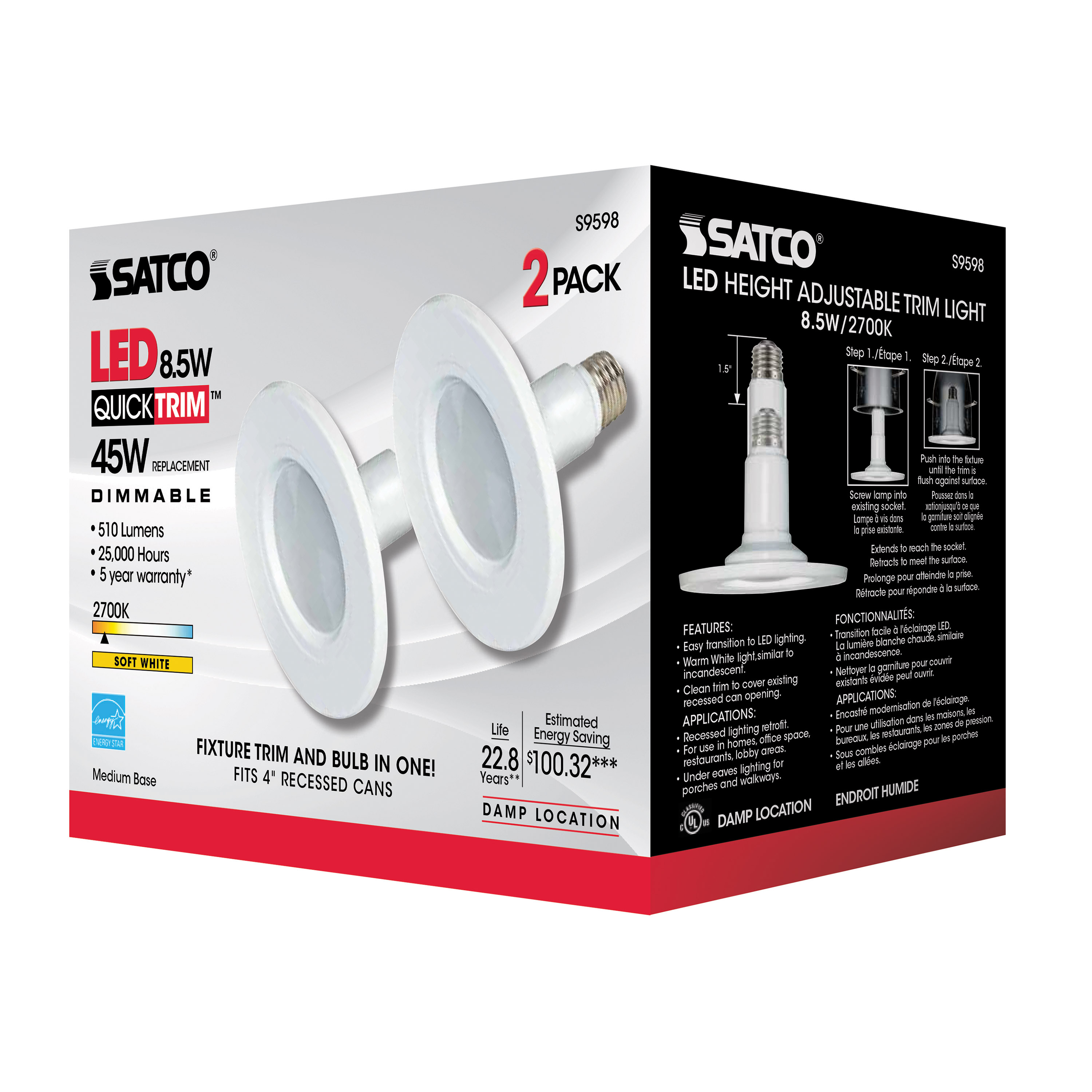 8.5W/LED/4"TRIM/2700K/120V/2PK - S9598