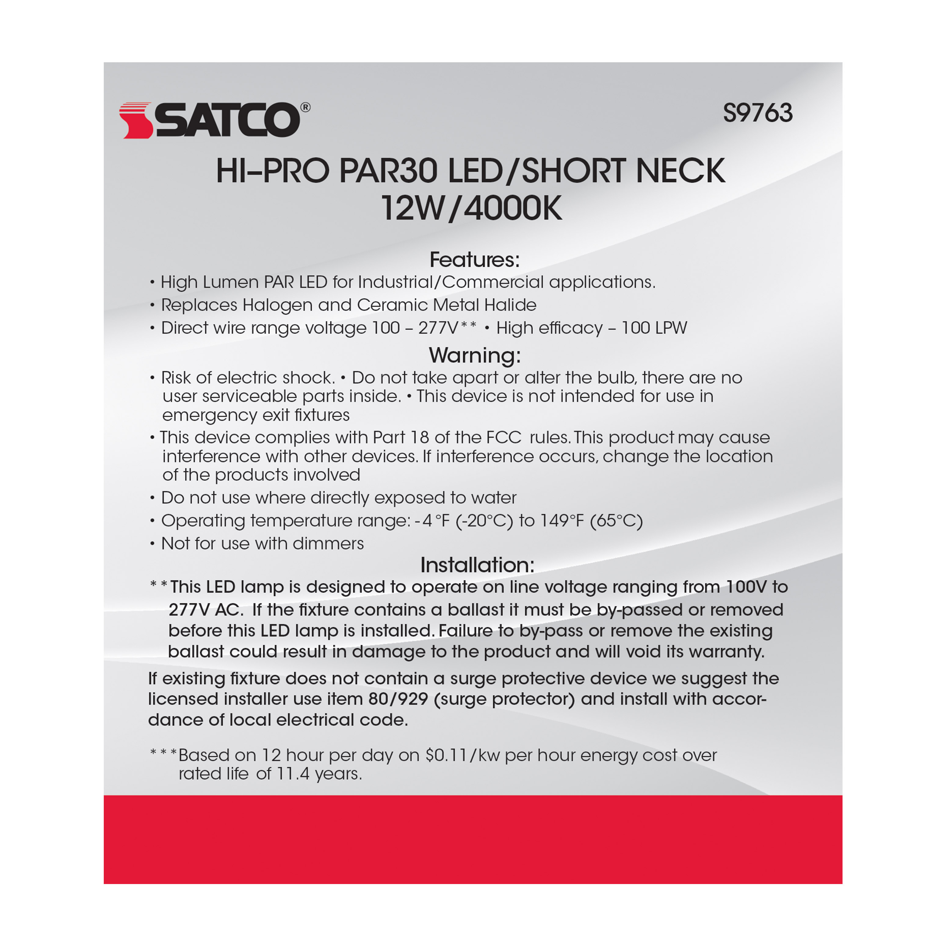 12W/LED/PAR30/SN/4K/100-277V - S9763